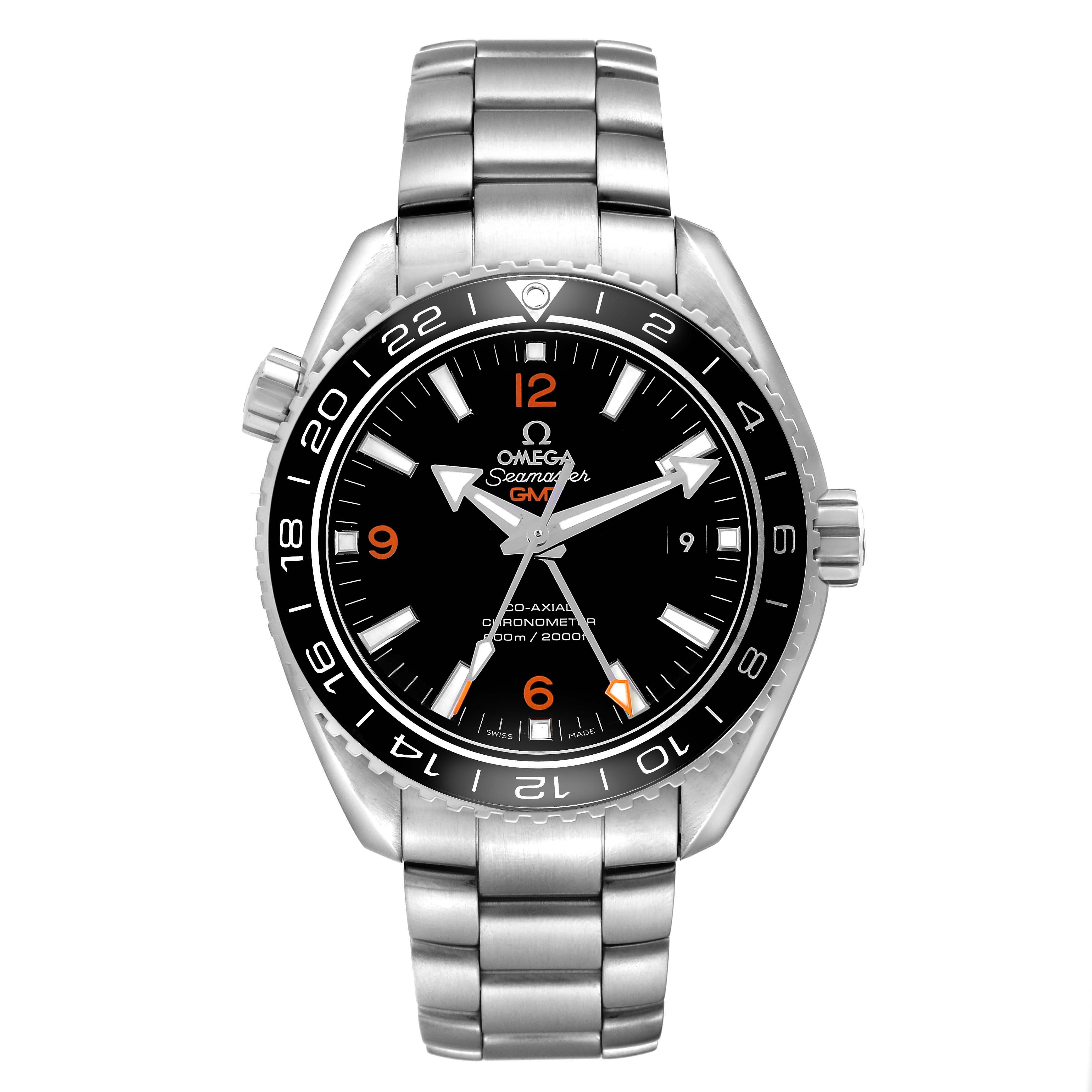 The Omega Planet Ocean 232.30.44.22.01.002 Men's Stainless Steel Black Dial watch is shown from a front angle, displaying its dial, bezel, and bracelet.