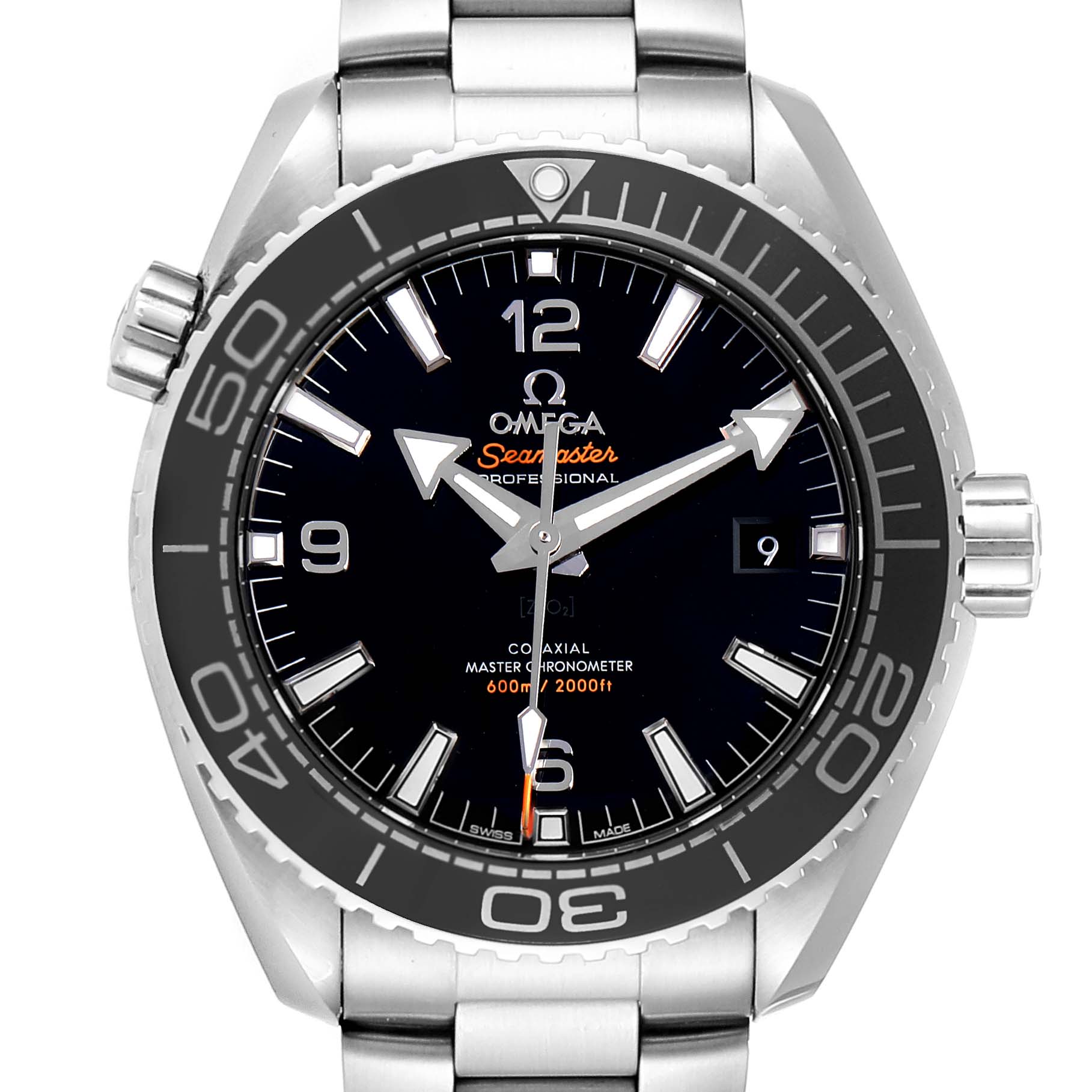 The image shows a front view of the Omega Planet Ocean 215.30.44.21.01.001 Men
s Stainless Steel Black Dial 215.30.44.21.01.001 Men
s Stainless Steel Black Dial model, highlighting the dial, bezel, and part of the stainless steel bracelet.