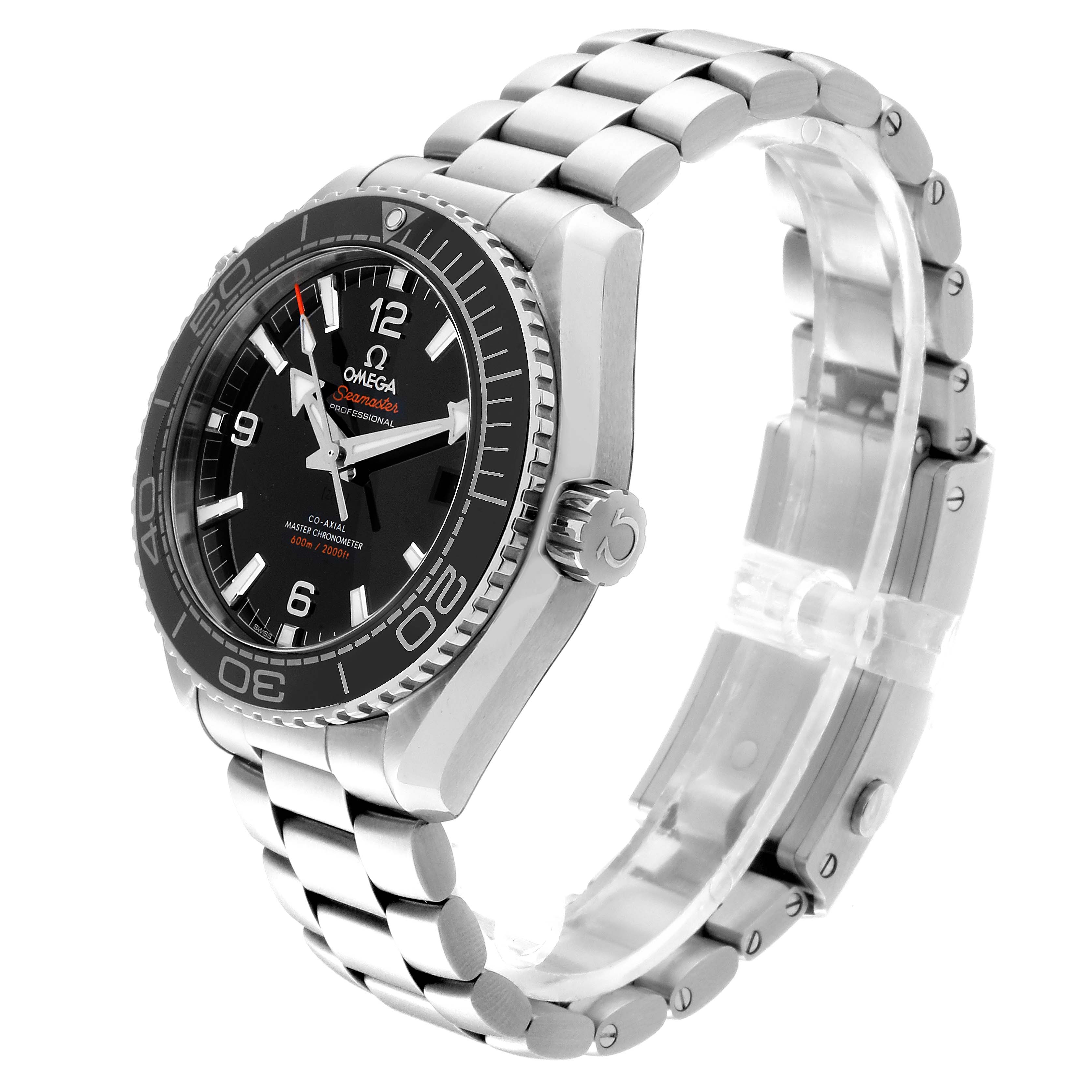 The image shows an Omega Planet Ocean 215.30.44.21.01.001 Men
s Stainless Steel Black Dial 215.30.44.21.01.001 Men
s Stainless Steel Black Dial watch from a three-quarter angle, highlighting the face, bezel, crown, and metal bracelet.