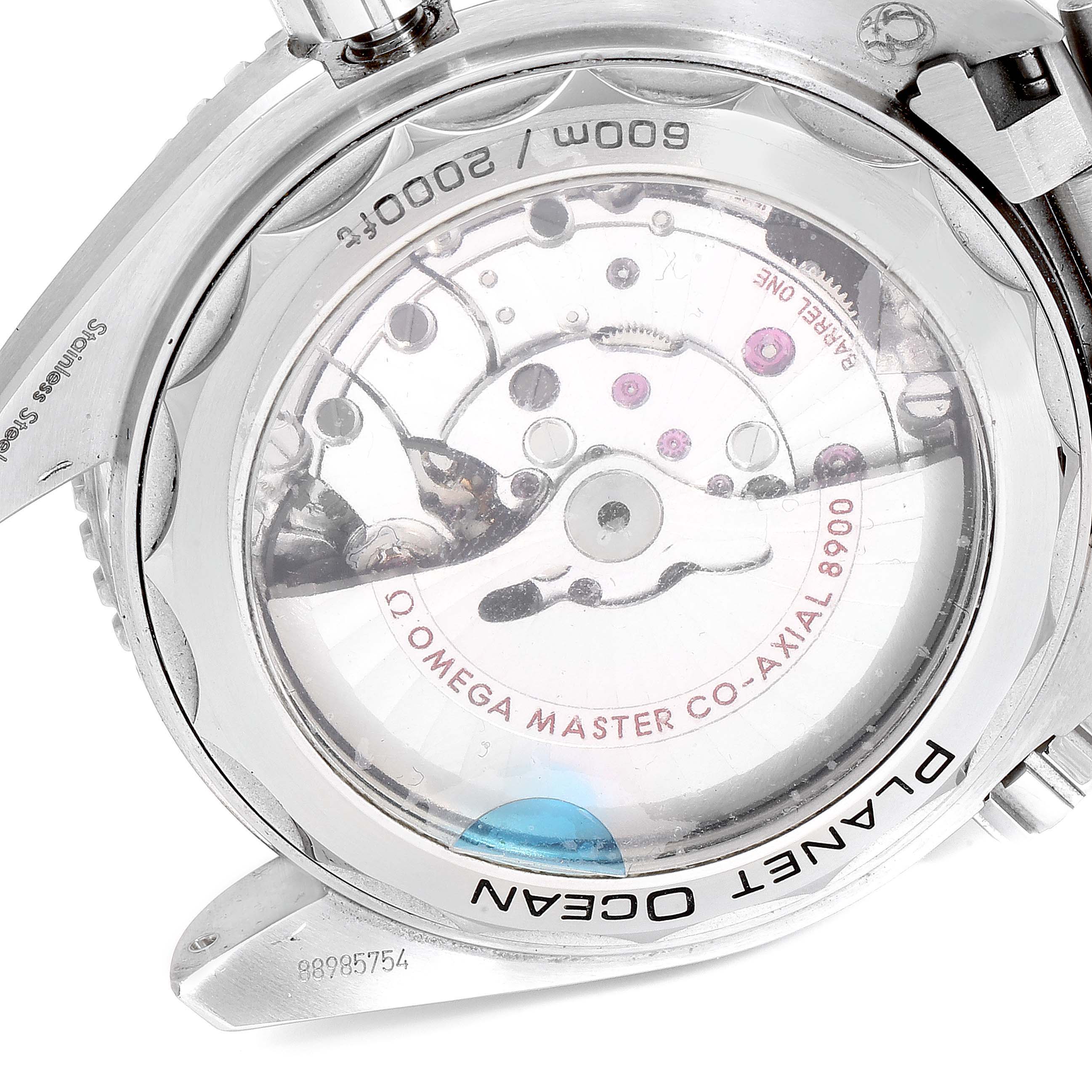 The image shows the back view of the Omega Planet Ocean 215.30.44.21.01.001 Men
s Stainless Steel Black Dial 215.30.44.21.01.001 Men
s Stainless Steel Black Dial watch, highlighting the movement and inner mechanism.