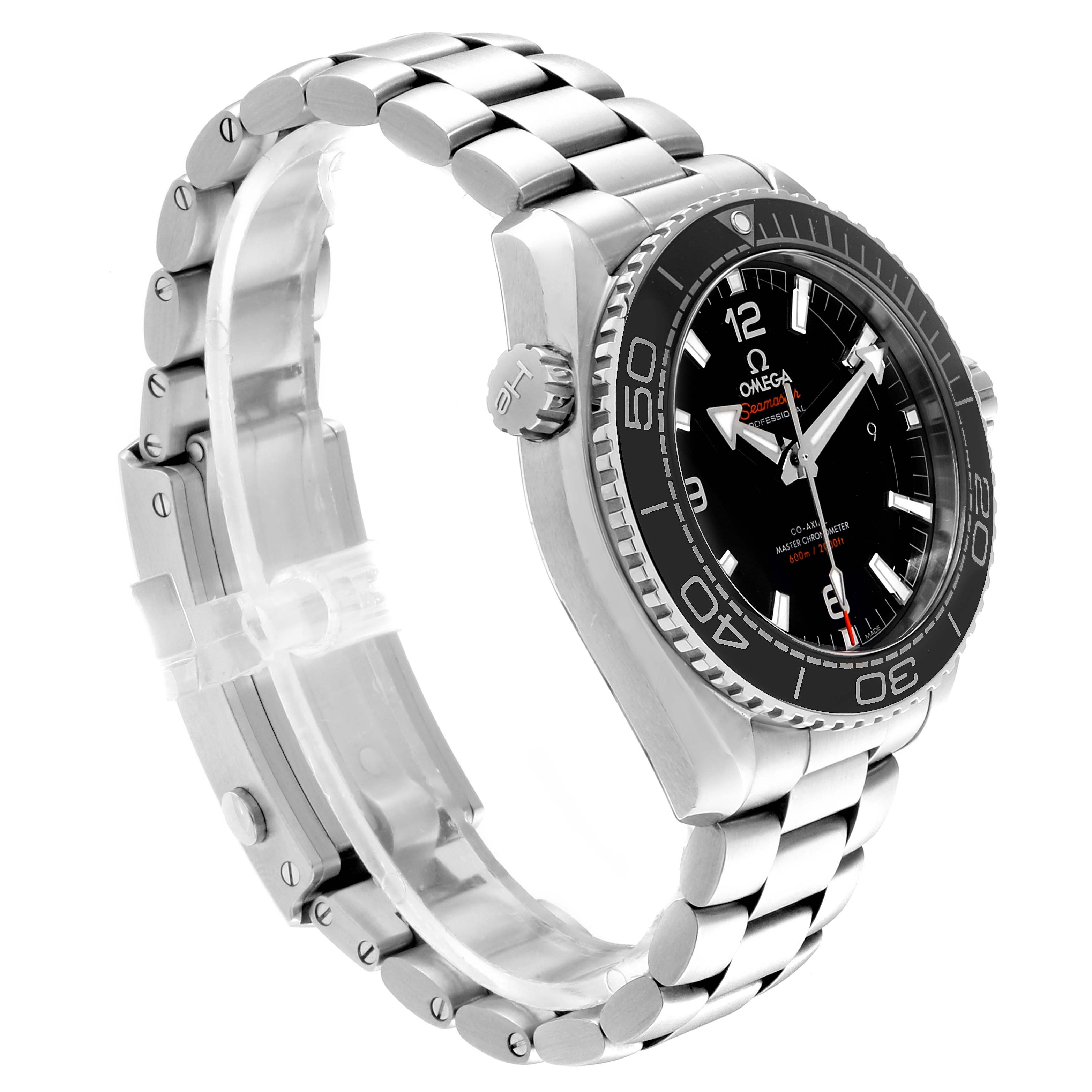 This Omega Planet Ocean 215.30.44.21.01.001 Men
s Stainless Steel Black Dial 215.30.44.21.01.001 Men
s Stainless Steel Black Dial model is shown at a side angle, highlighting the face, bezel, and stainless steel bracelet.