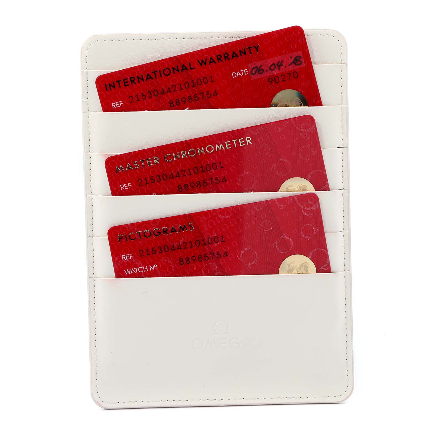 This image shows warranty and certification cards for the Omega Planet Ocean 215.30.44.21.01.001 Men
s Stainless Steel Black Dial 215.30.44.21.01.001 Men
s Stainless Steel Black Dial watch in a white cardholder.