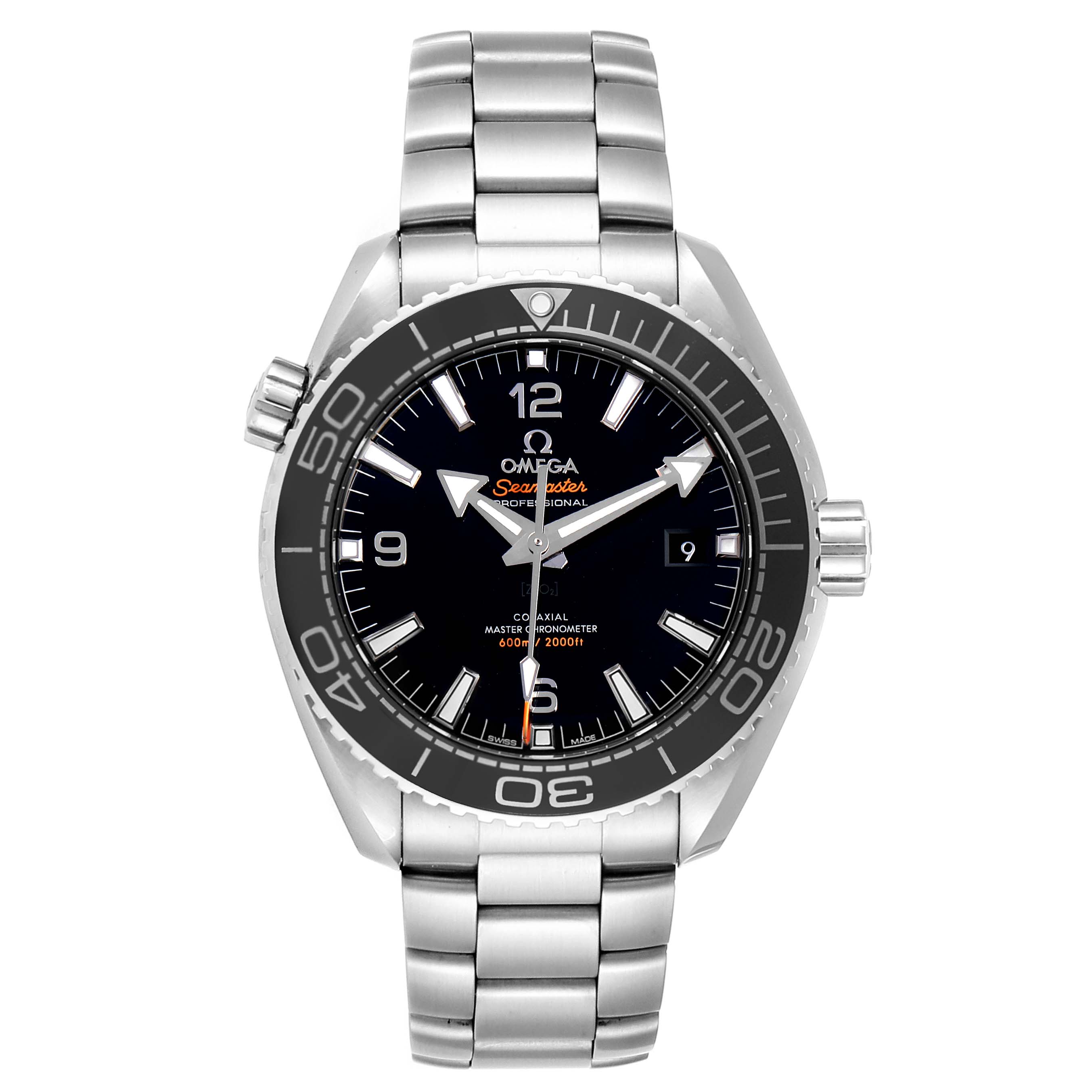 The image shows an Omega Planet Ocean 215.30.44.21.01.001 Men
s Stainless Steel Black Dial 215.30.44.21.01.001 Men
s Stainless Steel Black Dial watch front view, displaying the face, bezel, crown, and bracelet.