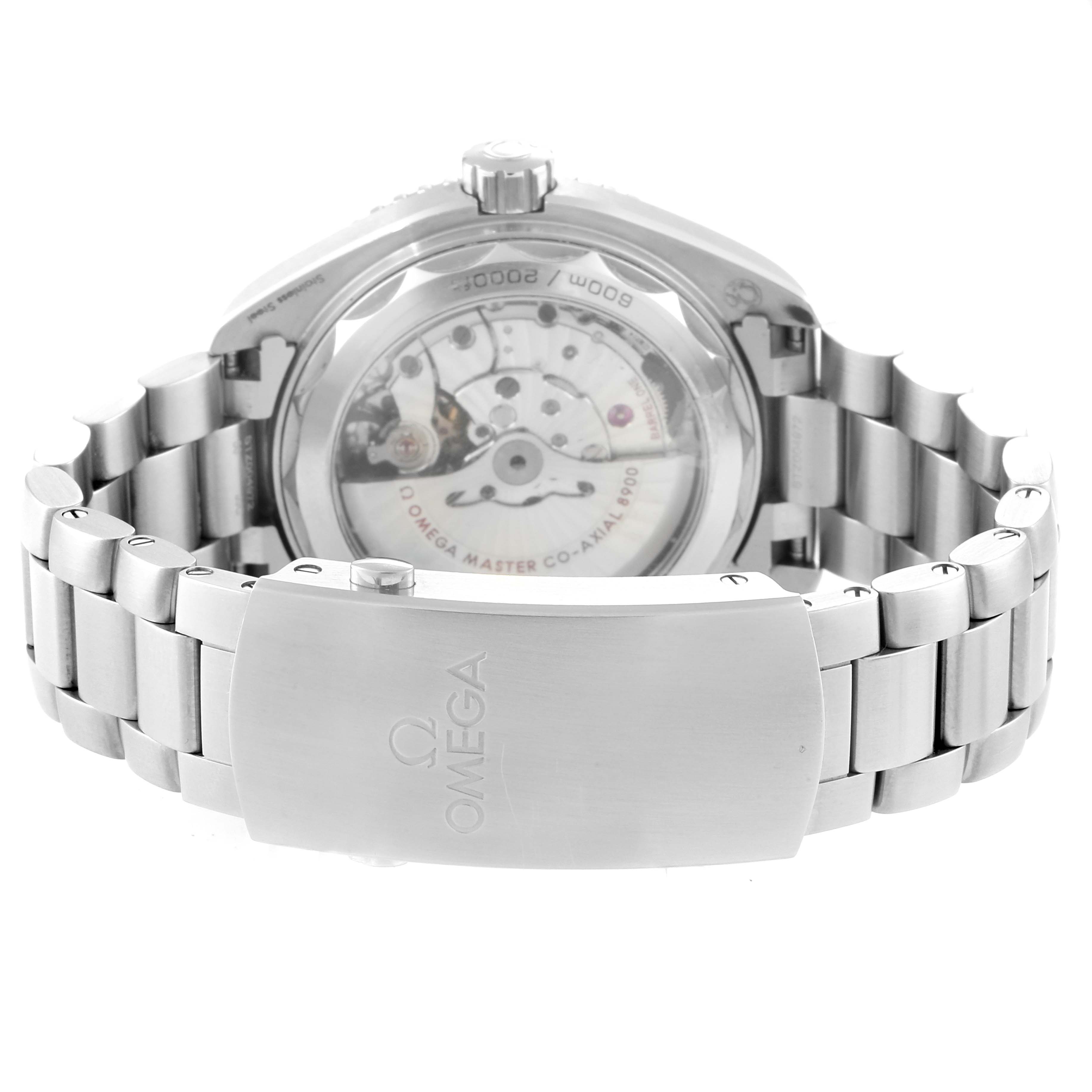 The image shows the back of the Omega Planet Ocean 215.30.44.21.01.001 Men
s Stainless Steel Black Dial 215.30.44.21.01.001 Men
s Stainless Steel Black Dial watch, highlighting its transparent case back and metal bracelet.