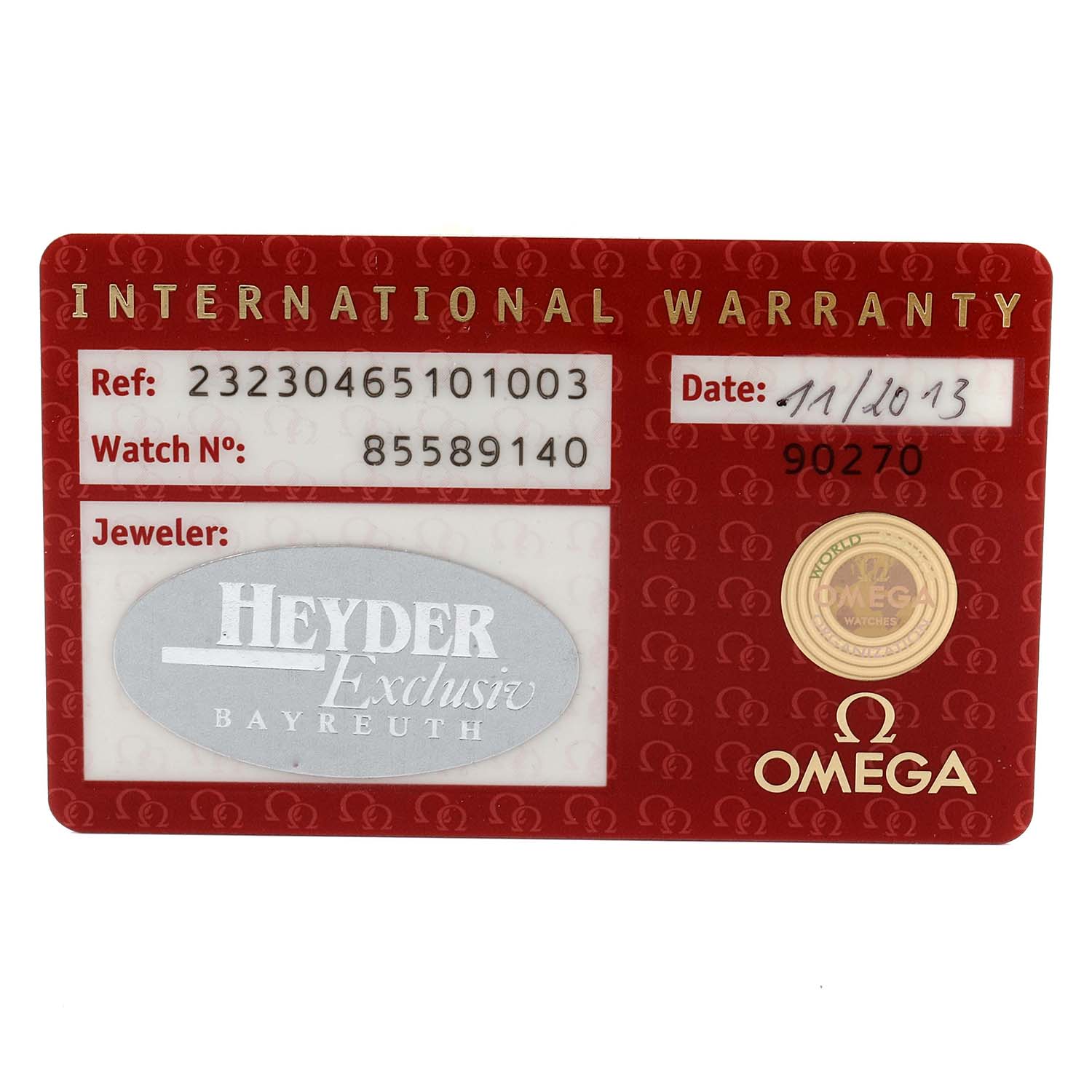 The image shows the international warranty card for the Omega Planet Ocean 232.30.46.51.01.003  Men
s Stainless Steel Black Dial 232.30.46.51.01.003  Men
s Stainless Steel Black Dial watch model.