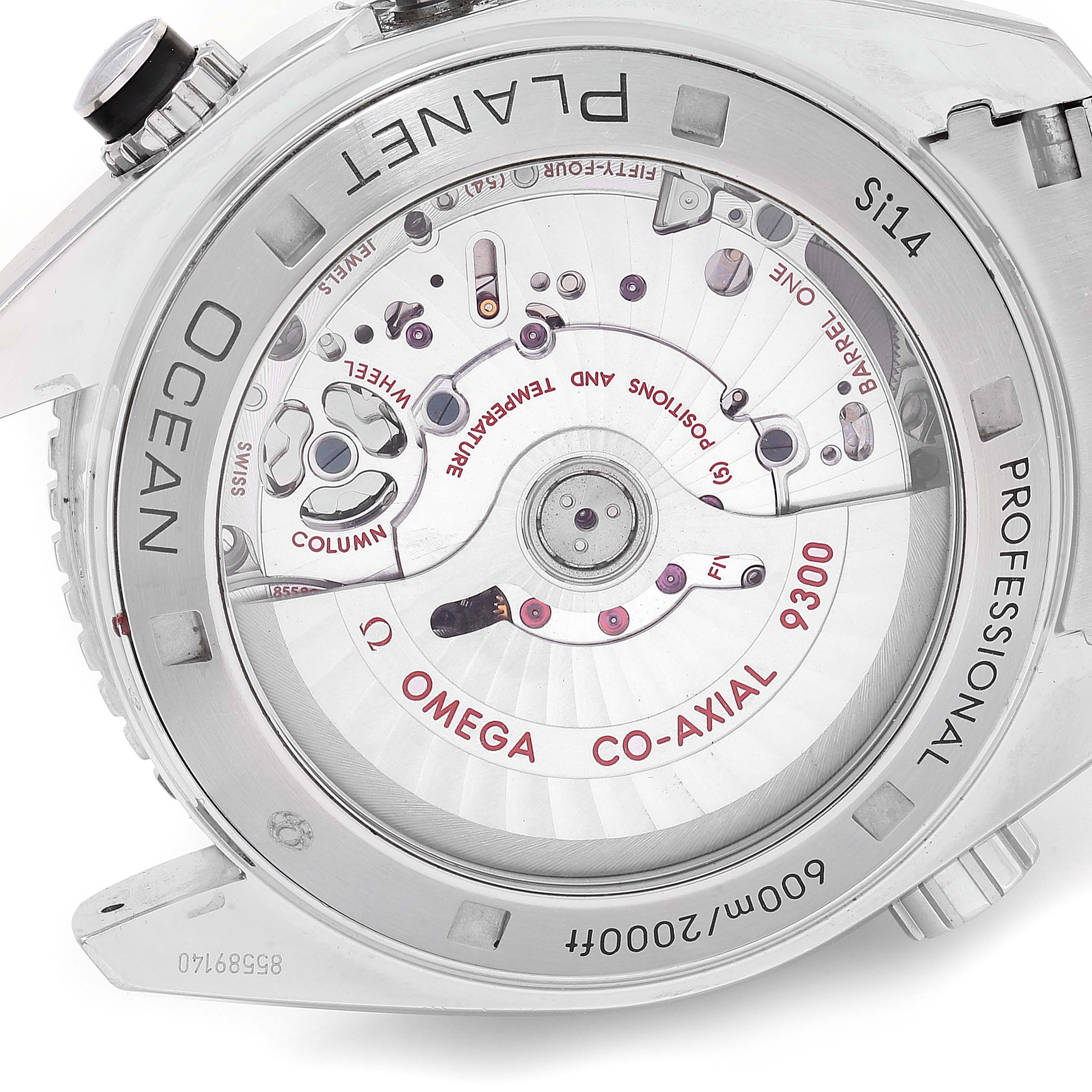 The image shows a close-up of the Omega Planet Ocean 232.30.46.51.01.003  Men
s Stainless Steel Black Dial 232.30.46.51.01.003  Men
s Stainless Steel Black Dial watch
s transparent case back, revealing the Co-Axial 9300 movement.