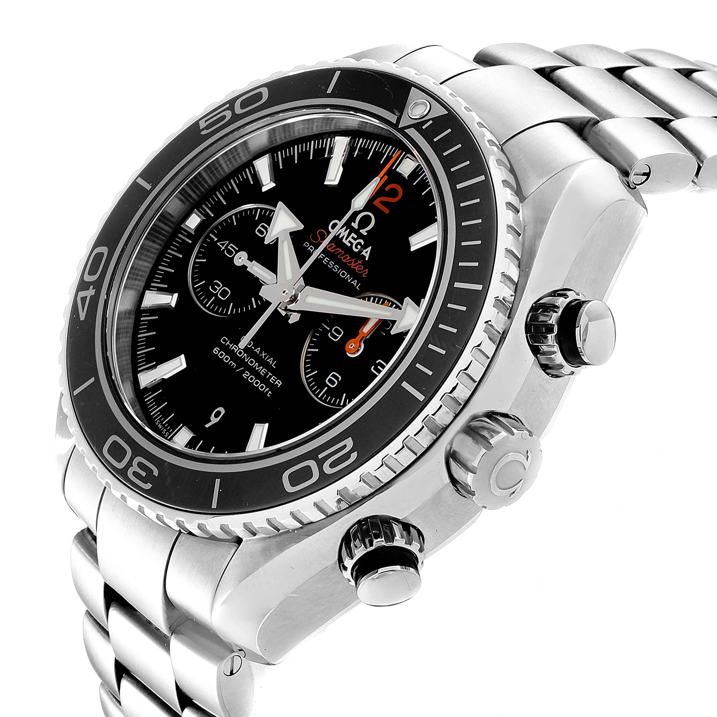 This image depicts an angled side view of the Omega Planet Ocean 232.30.46.51.01.003  Men
s Stainless Steel Black Dial 232.30.46.51.01.003  Men
s Stainless Steel Black Dial watch, showing its bezel, crown, subdials, and stainless steel bracelet.