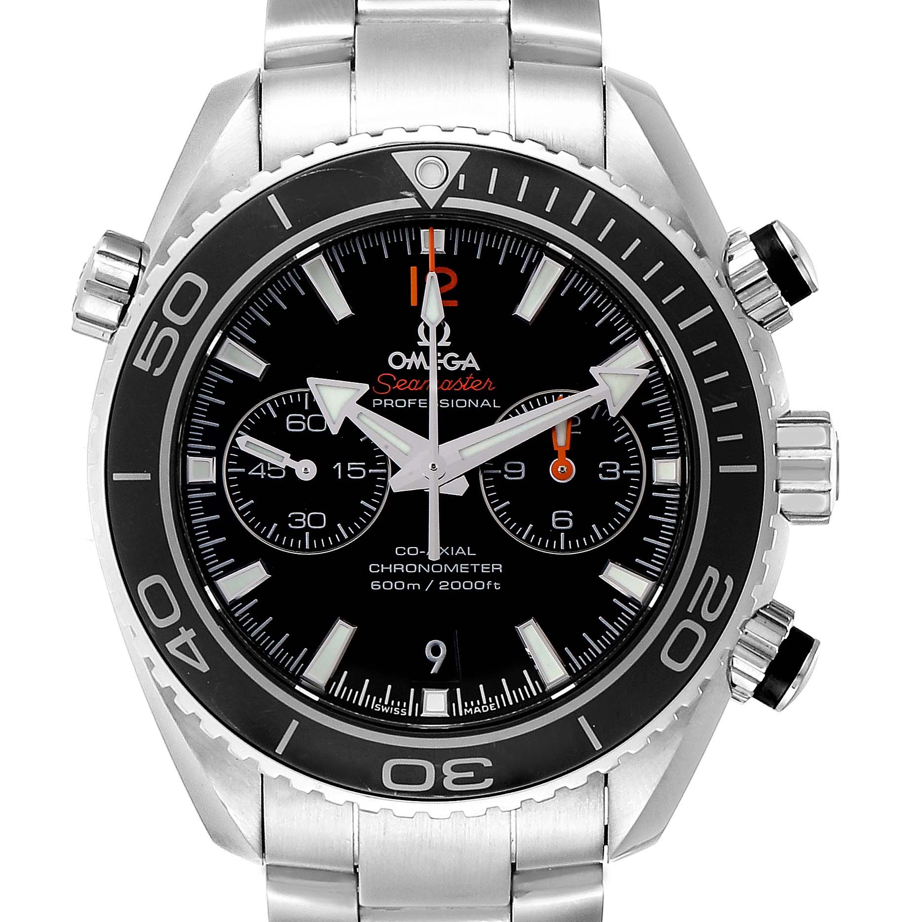 The image shows a front view of the Omega Seamaster Planet Ocean watch, highlighting its bezel, dial, hands, crown, and chronograph pushers.