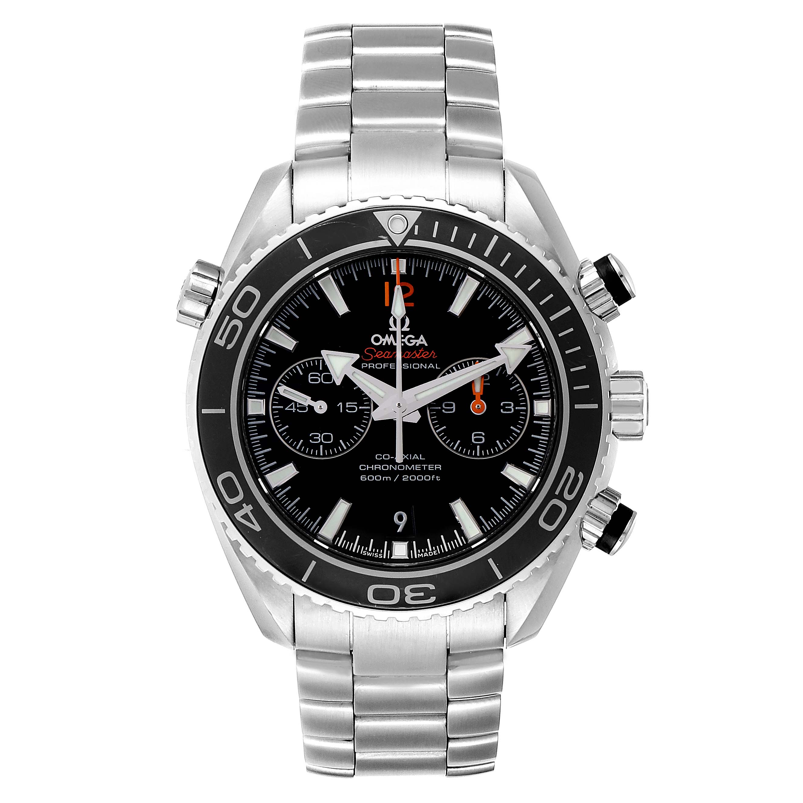 The Omega Planet Ocean 232.30.46.51.01.003  Men
s Stainless Steel Black Dial 232.30.46.51.01.003  Men
s Stainless Steel Black Dial watch is shown from a front angle, highlighting its face, bezel, chronograph buttons, and stainless steel bracelet.