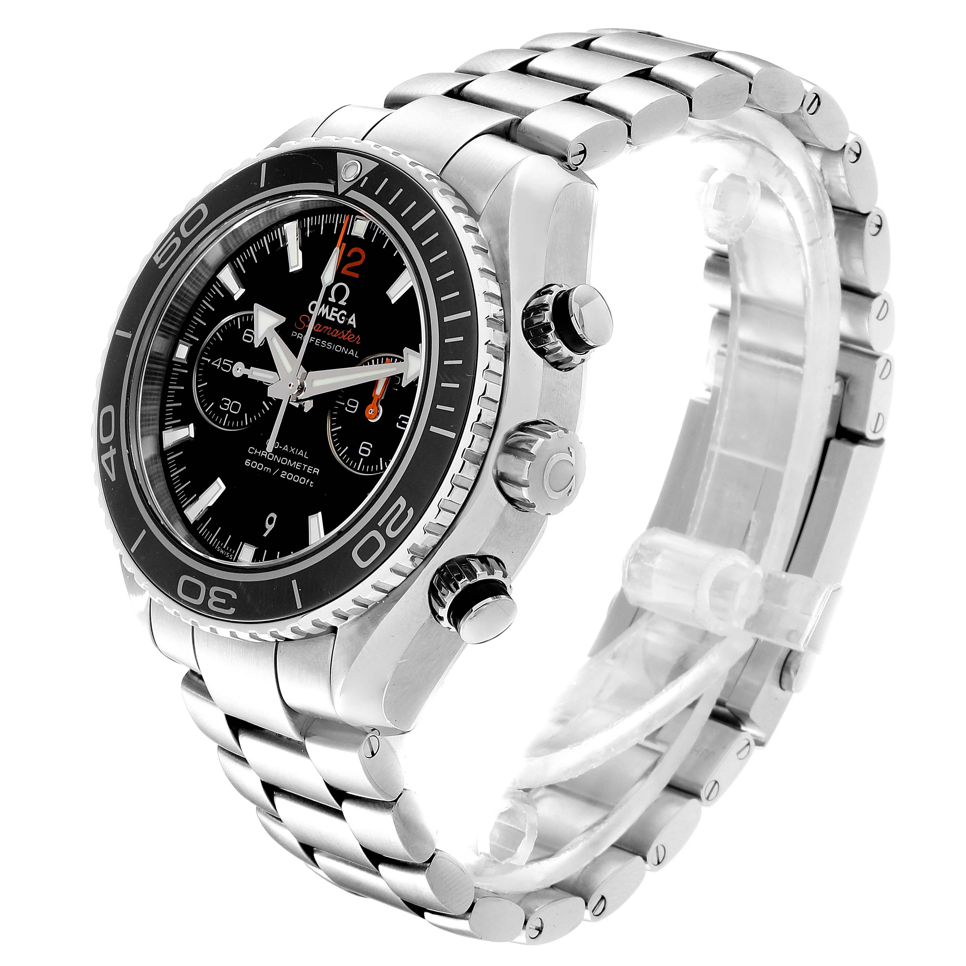 The image shows a side view of the Omega Planet Ocean 232.30.46.51.01.003  Men
s Stainless Steel Black Dial 232.30.46.51.01.003  Men
s Stainless Steel Black Dial watch, highlighting the dial, crown, and part of the stainless steel bracelet.