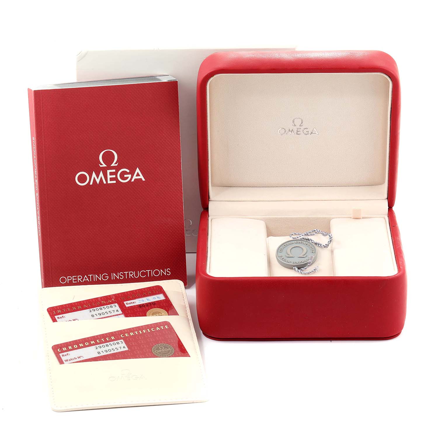 The image shows an Omega Planet Ocean 2208.50.83 Men
s Stainless Steel Black Dial 2208.50.83 Men
s Stainless Steel Black Dial watch box, operating instructions, and chronometer certificate.