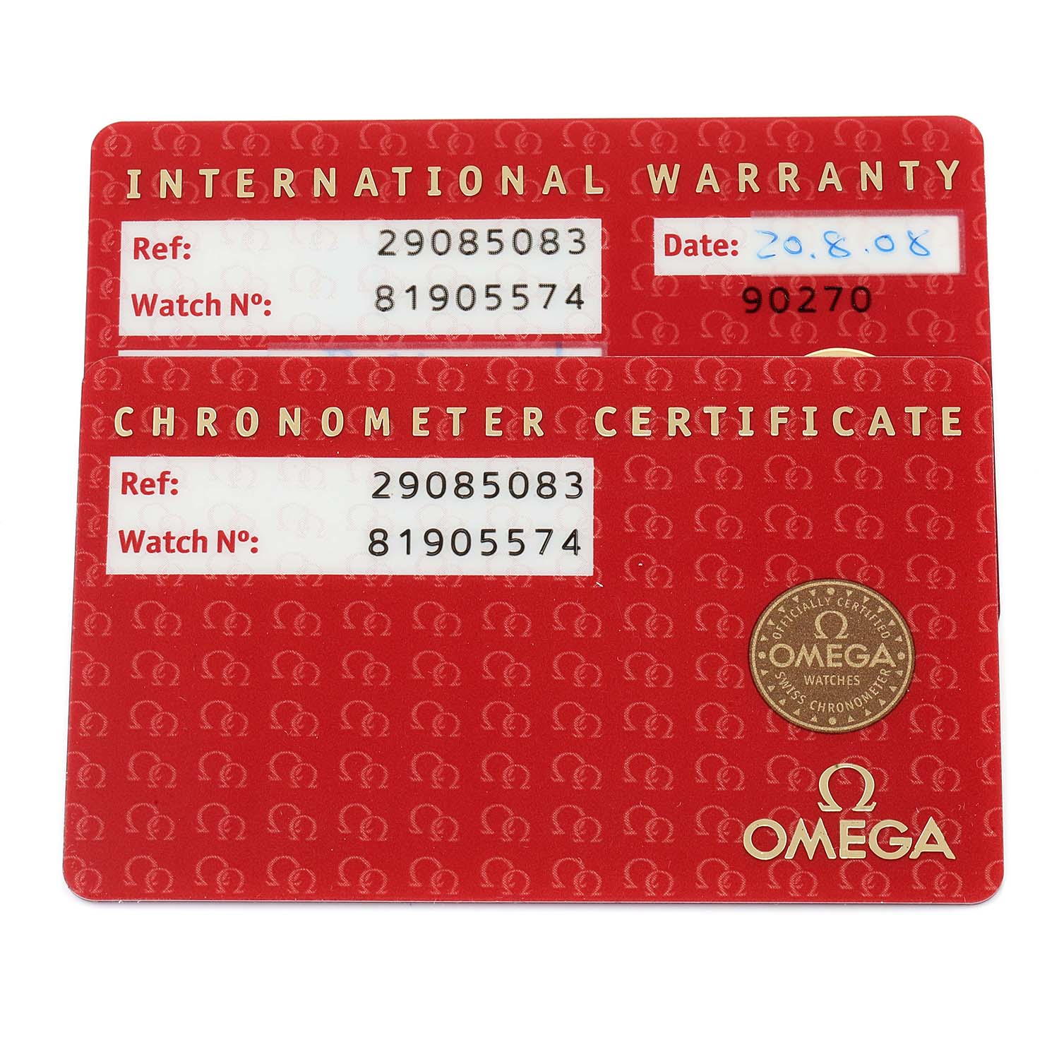 The image shows the Omega Planet Ocean 2208.50.83 Men
s Stainless Steel Black Dial 2208.50.83 Men
s Stainless Steel Black Dial
s International Warranty and Chronometer Certificate cards from a top view.