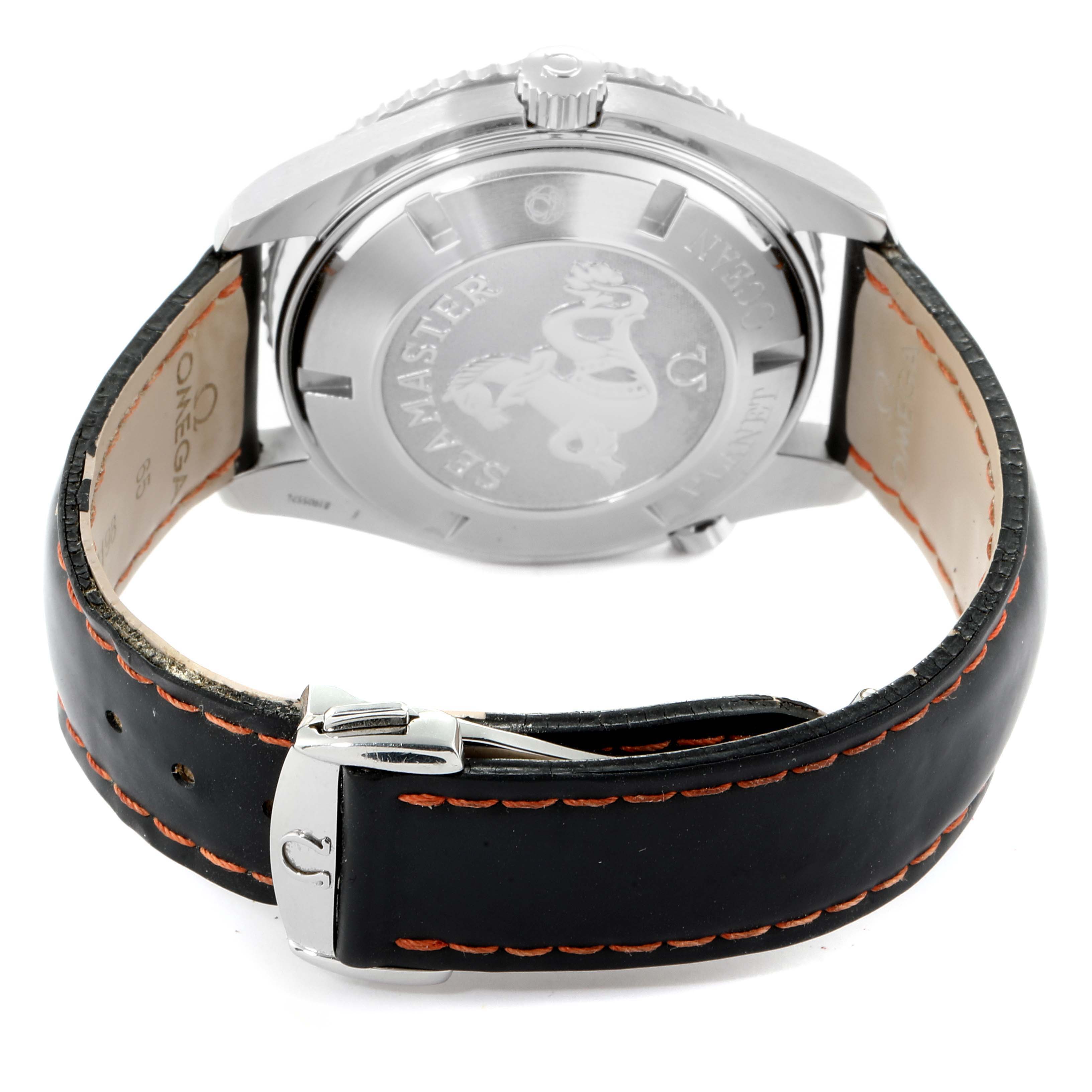 The image shows the back case and leather strap with the buckle of the Omega Planet Ocean 2208.50.83 Men
s Stainless Steel Black Dial 2208.50.83 Men
s Stainless Steel Black Dial watch.