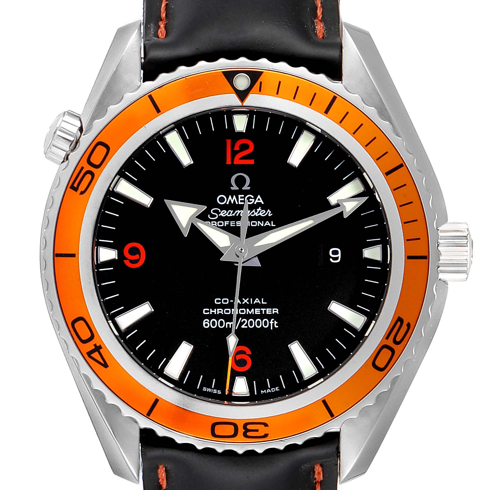 The image shows the front view of an Omega Seamaster Planet Ocean watch with an orange bezel and black dial.