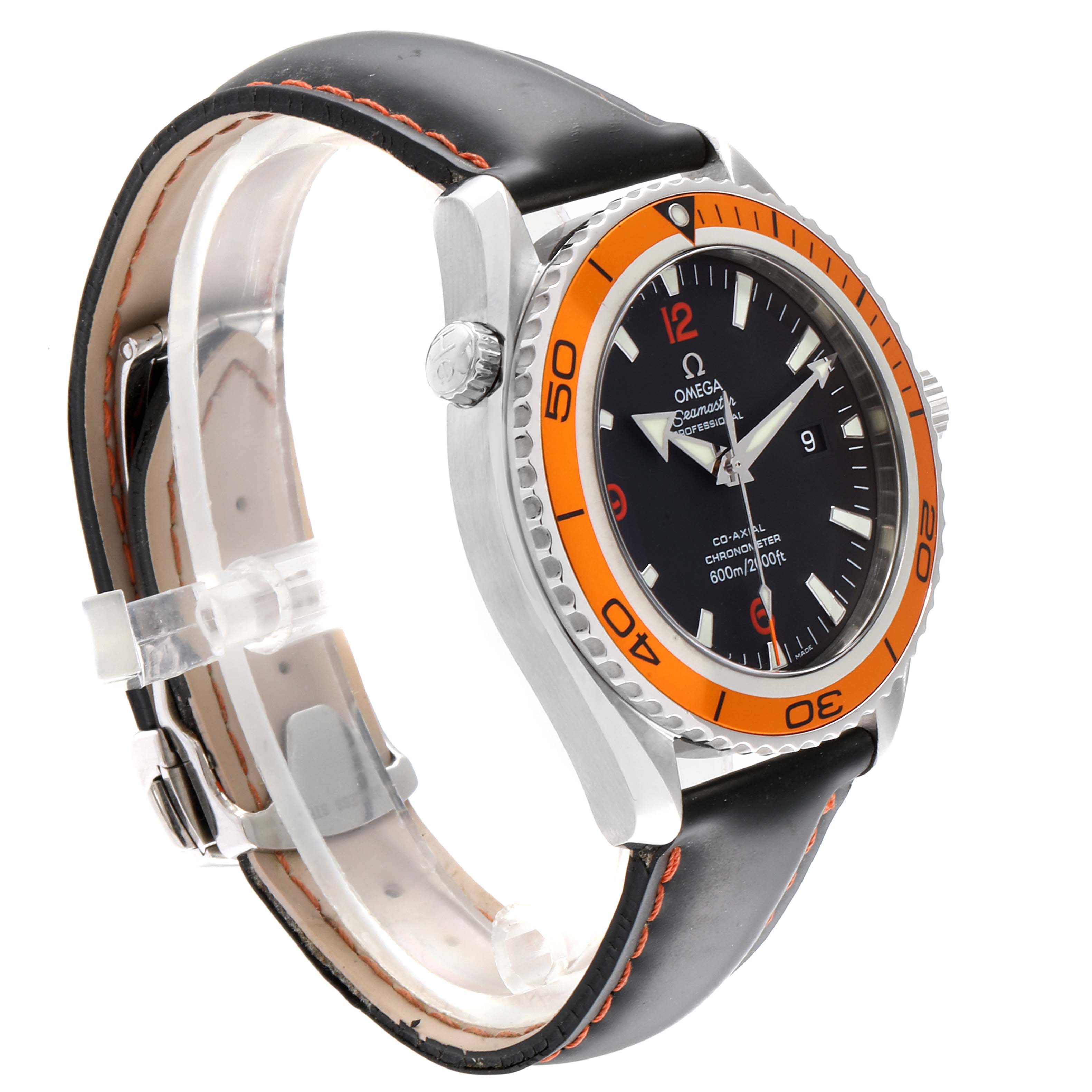 The Omega Planet Ocean 2208.50.83 Men
s Stainless Steel Black Dial 2208.50.83 Men
s Stainless Steel Black Dial watch is shown at a three-quarter angle, displaying the face, bezel, crown, and part of the strap.