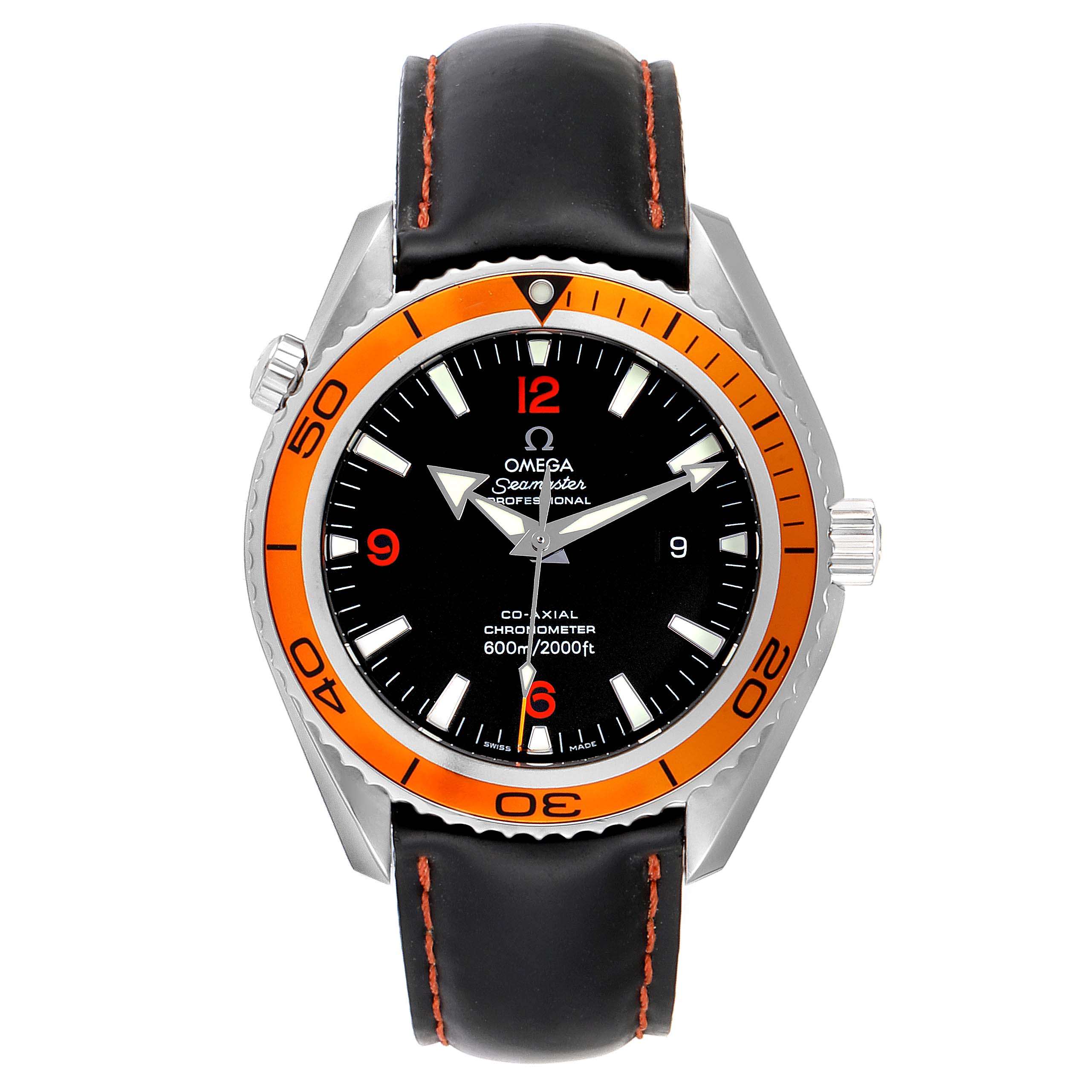 The watch shows a front view of the Omega Seamaster Planet Ocean, featuring an orange bezel and black leather strap.