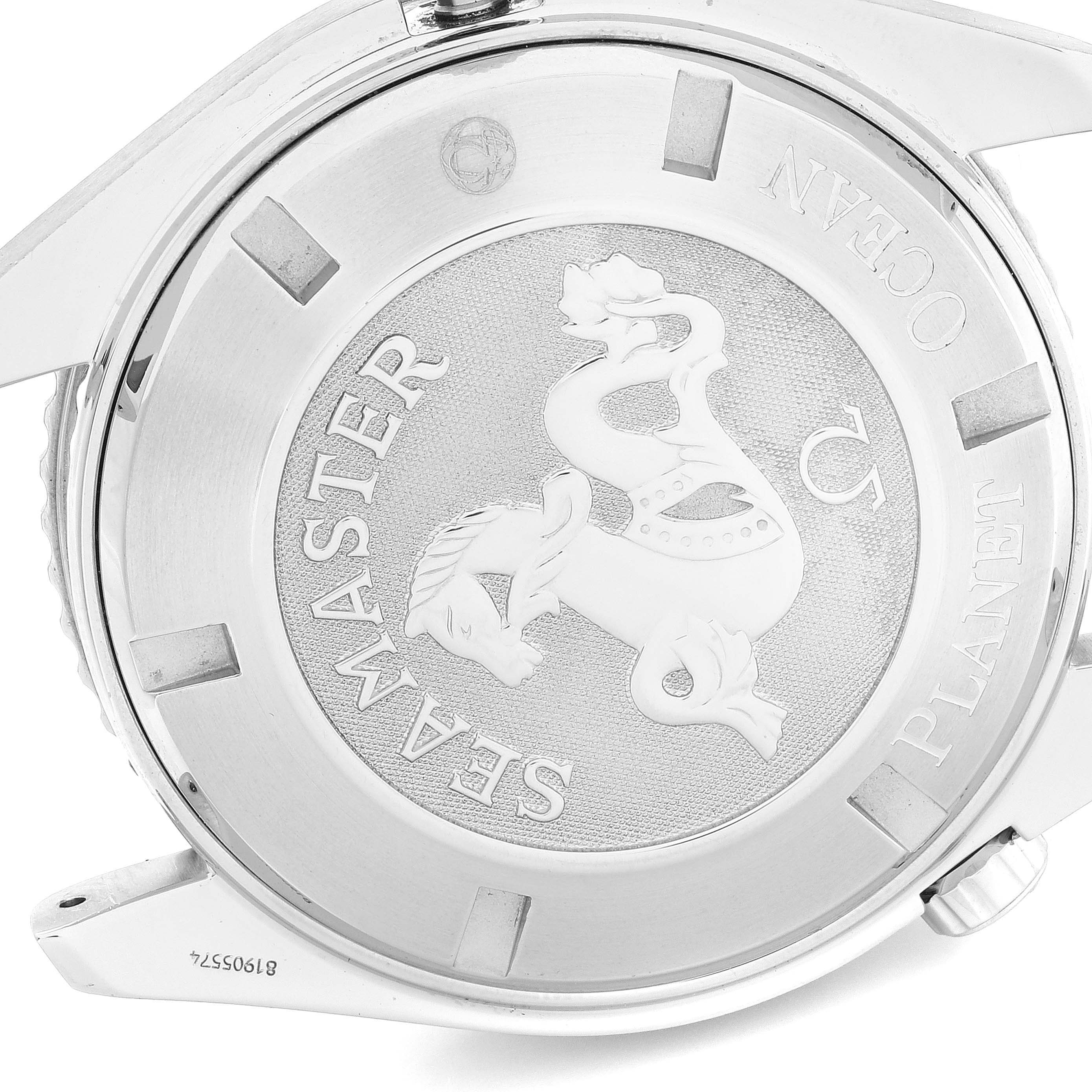 The image shows the case back of an Omega Planet Ocean 2208.50.83 Men
s Stainless Steel Black Dial 2208.50.83 Men
s Stainless Steel Black Dial watch, displaying the Seamaster logo and text.