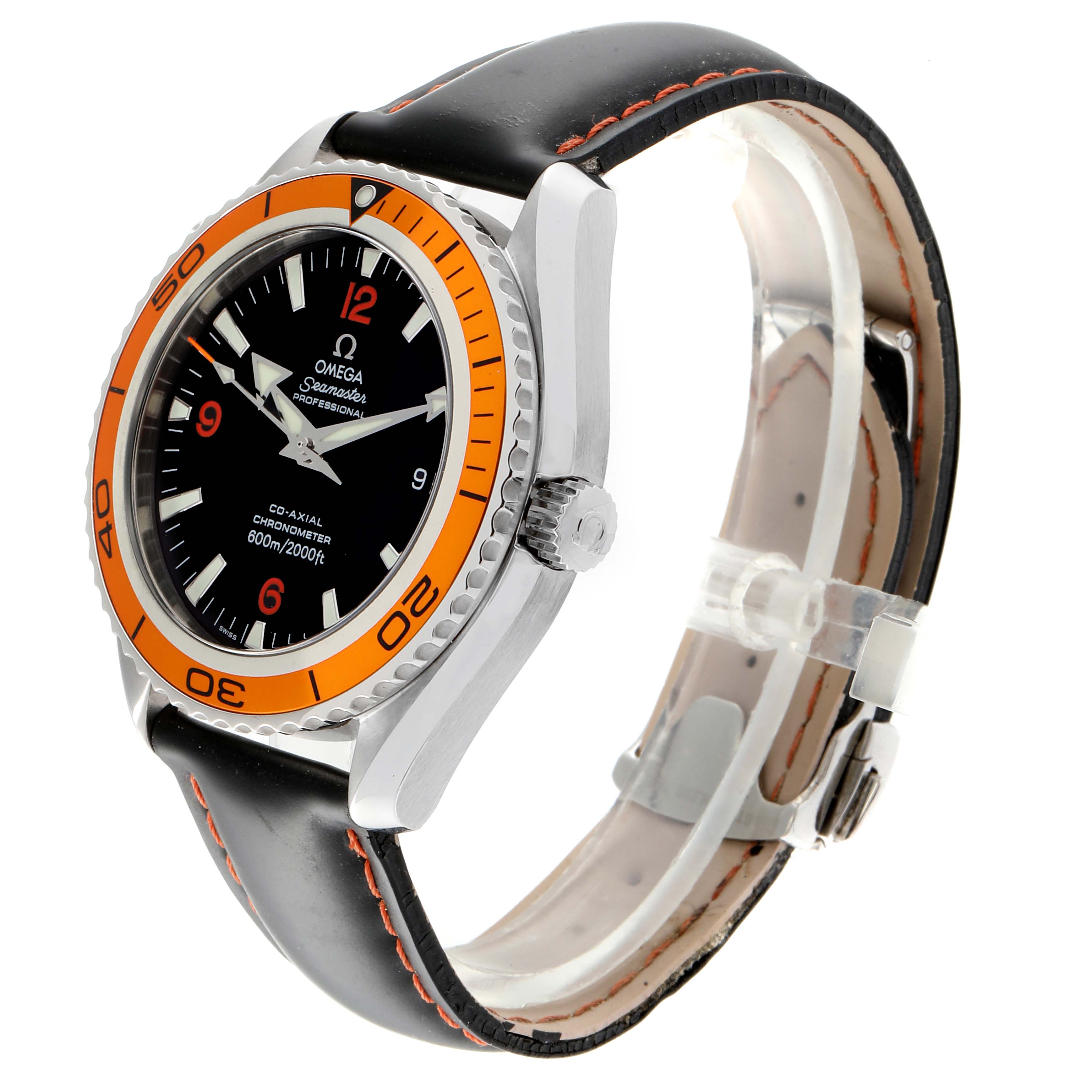 The Omega Planet Ocean 2208.50.83 Men
s Stainless Steel Black Dial 2208.50.83 Men
s Stainless Steel Black Dial watch is shown at a slight angle, clearly displaying its black dial, orange bezel, and leather strap.