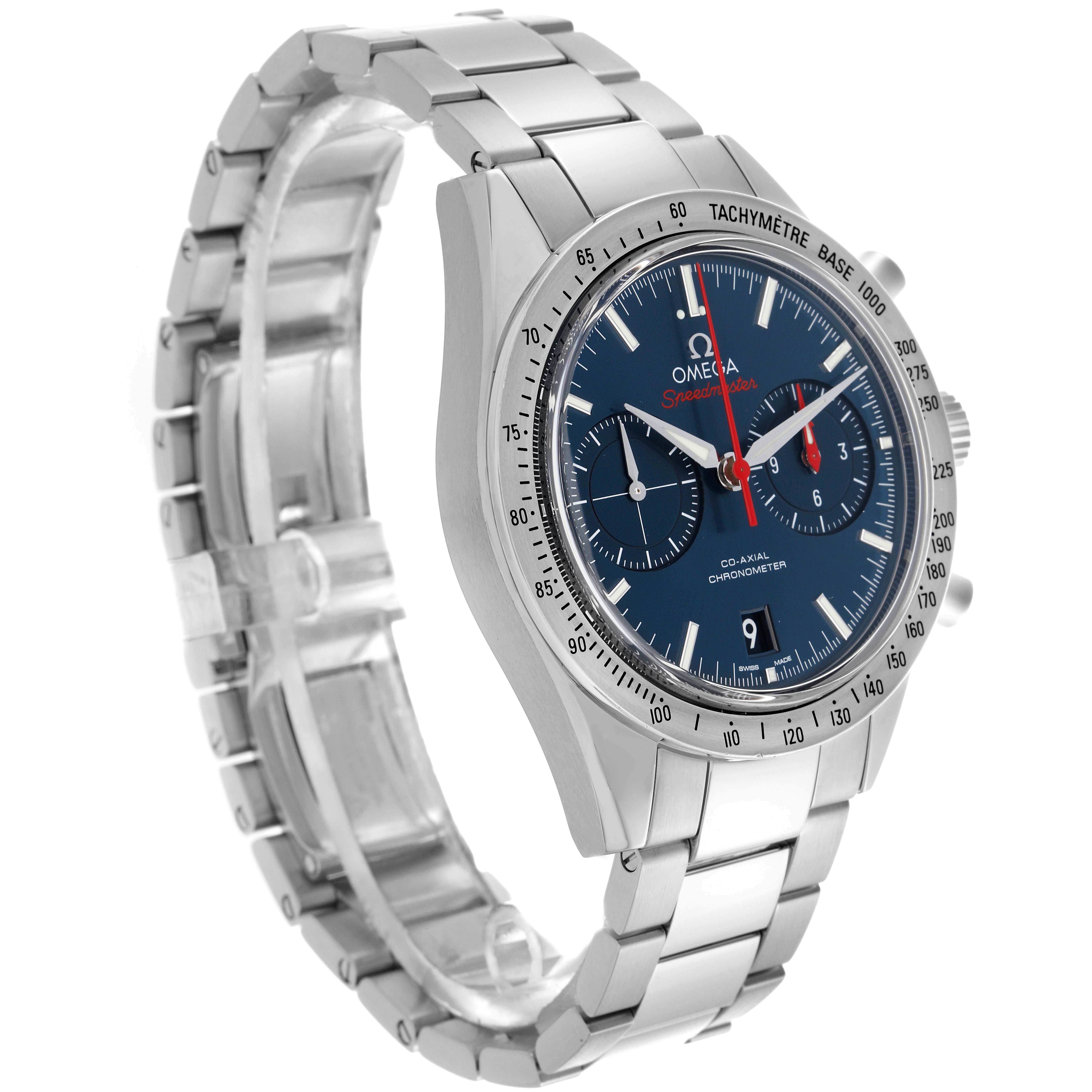 The Omega Speedmaster 331.10.42.51.03.001 Men's Stainless Steel Blue Dial 331.10.42.51.03.001 Men's Stainless Steel Blue Dial watch is shown at a three-quarter angle, highlighting the case, dial, bracelet, and tachymeter bezel.