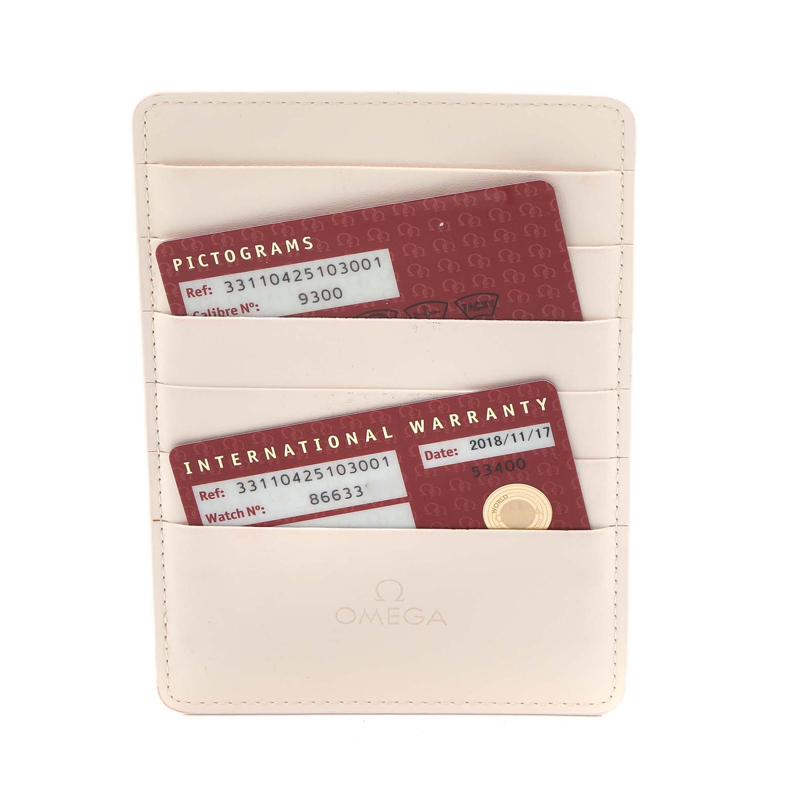 The image shows Omega Speedmaster 331.10.42.51.03.001 Men's Stainless Steel Blue Dial 331.10.42.51.03.001 Men's Stainless Steel Blue Dial accessories, including a warranty cardholder and documentation, viewed from the front.