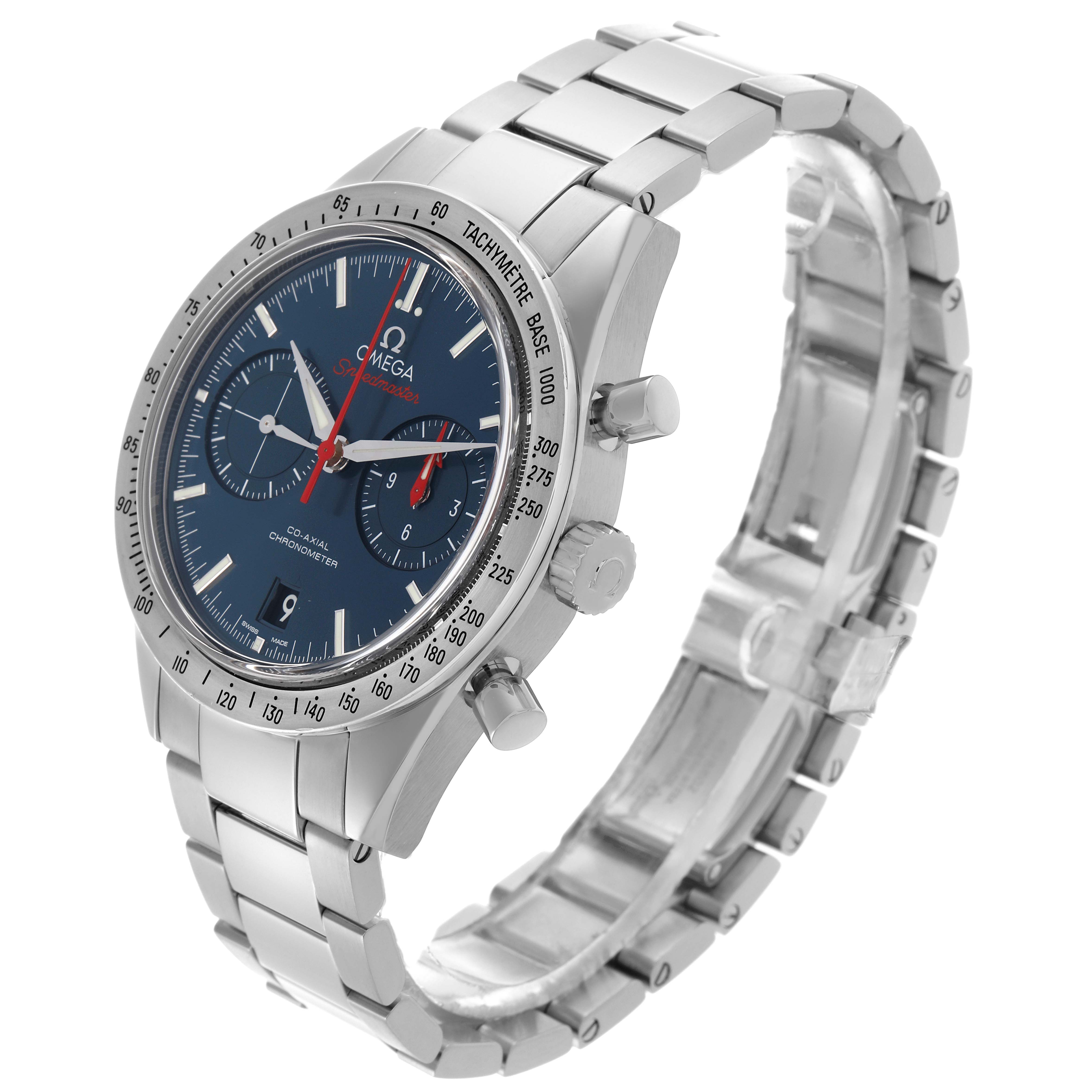 The Omega Speedmaster 331.10.42.51.03.001 Men's Stainless Steel Blue Dial 331.10.42.51.03.001 Men's Stainless Steel Blue Dial watch is shown at a three-quarter angle, highlighting the dial, tachymeter, and stainless steel bracelet.