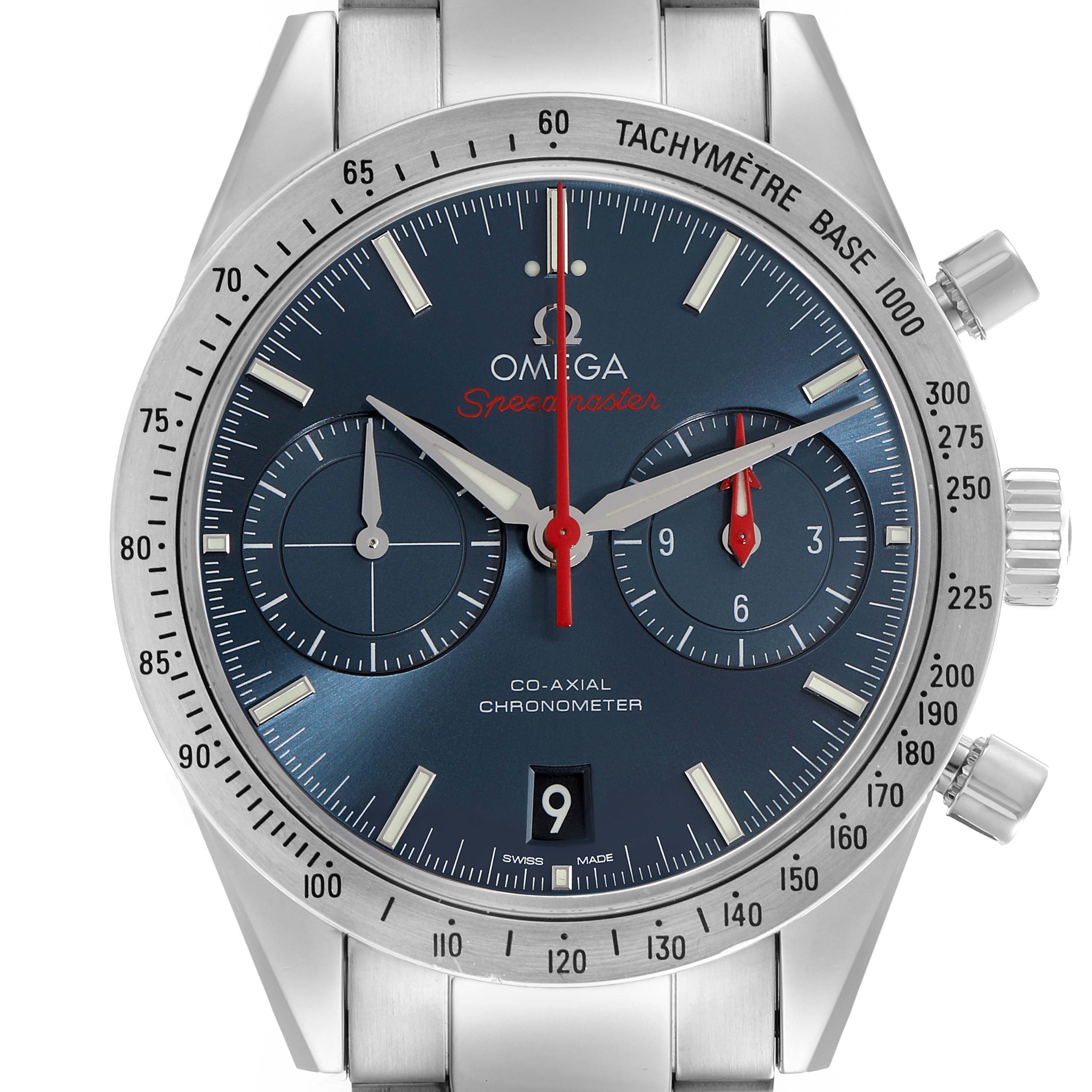 The Omega Speedmaster 331.10.42.51.03.001 Men's Stainless Steel Blue Dial 331.10.42.51.03.001 Men's Stainless Steel Blue Dial is shown from a front angle, highlighting its blue dial, tachymeter bezel, subdials, and crown.