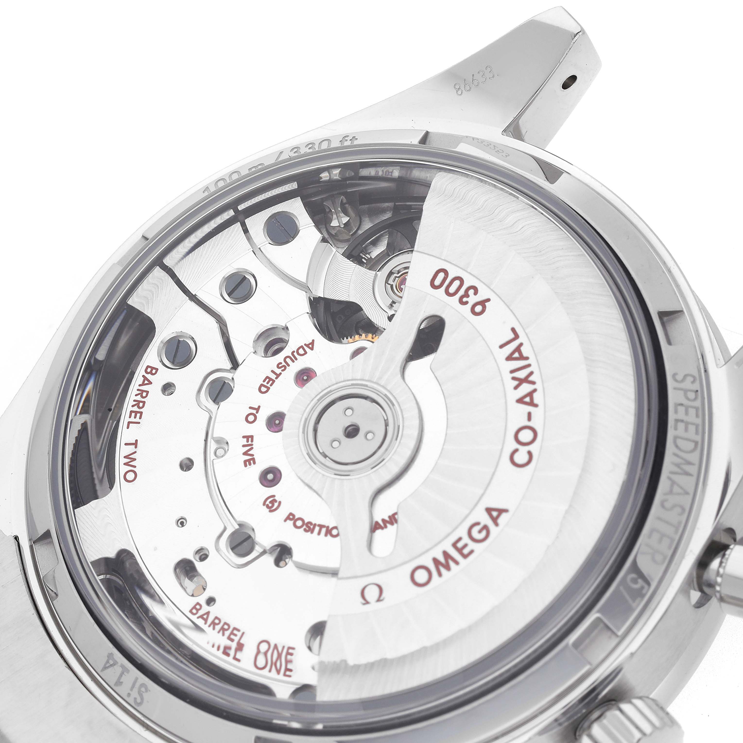 The image shows the case back of an Omega Speedmaster 331.10.42.51.03.001 Men's Stainless Steel Blue Dial 331.10.42.51.03.001 Men's Stainless Steel Blue Dial, revealing the Co-Axial movement and its intricate components.