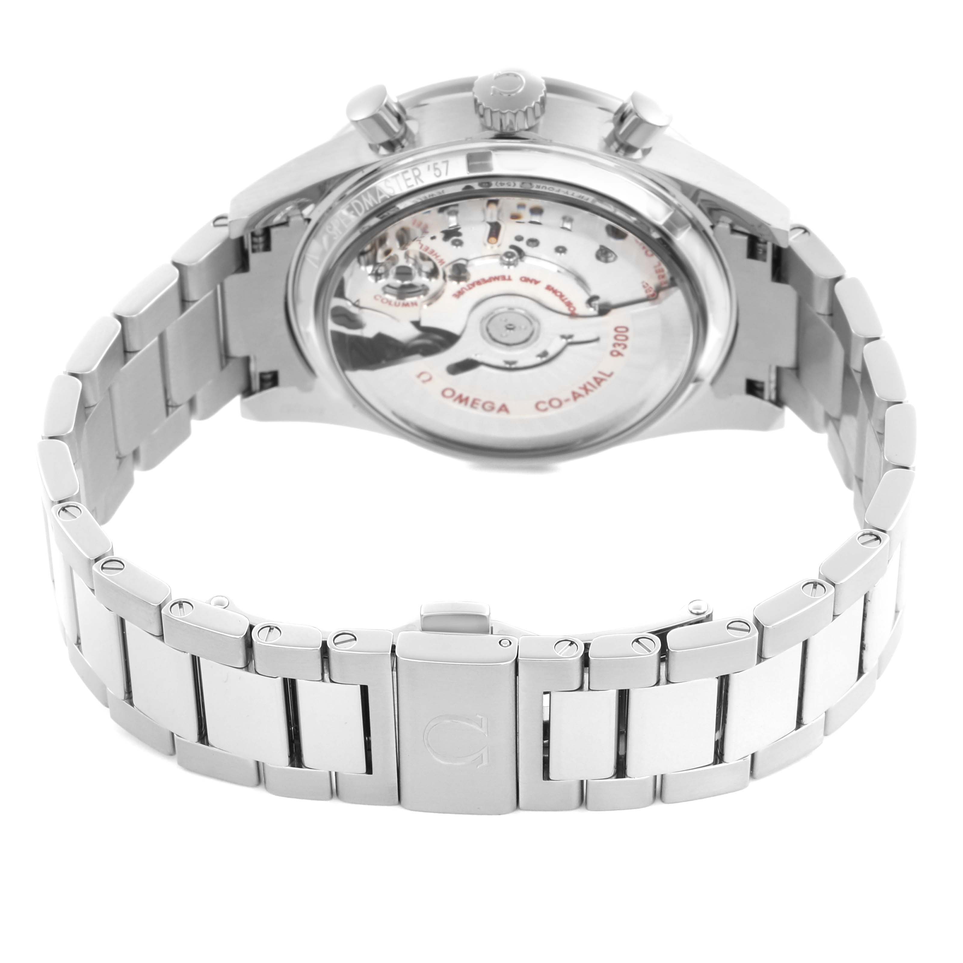 The Omega Speedmaster 331.10.42.51.03.001 Men's Stainless Steel Blue Dial 331.10.42.51.03.001 Men's Stainless Steel Blue Dial is shown from the back, highlighting its open case back and metal bracelet.