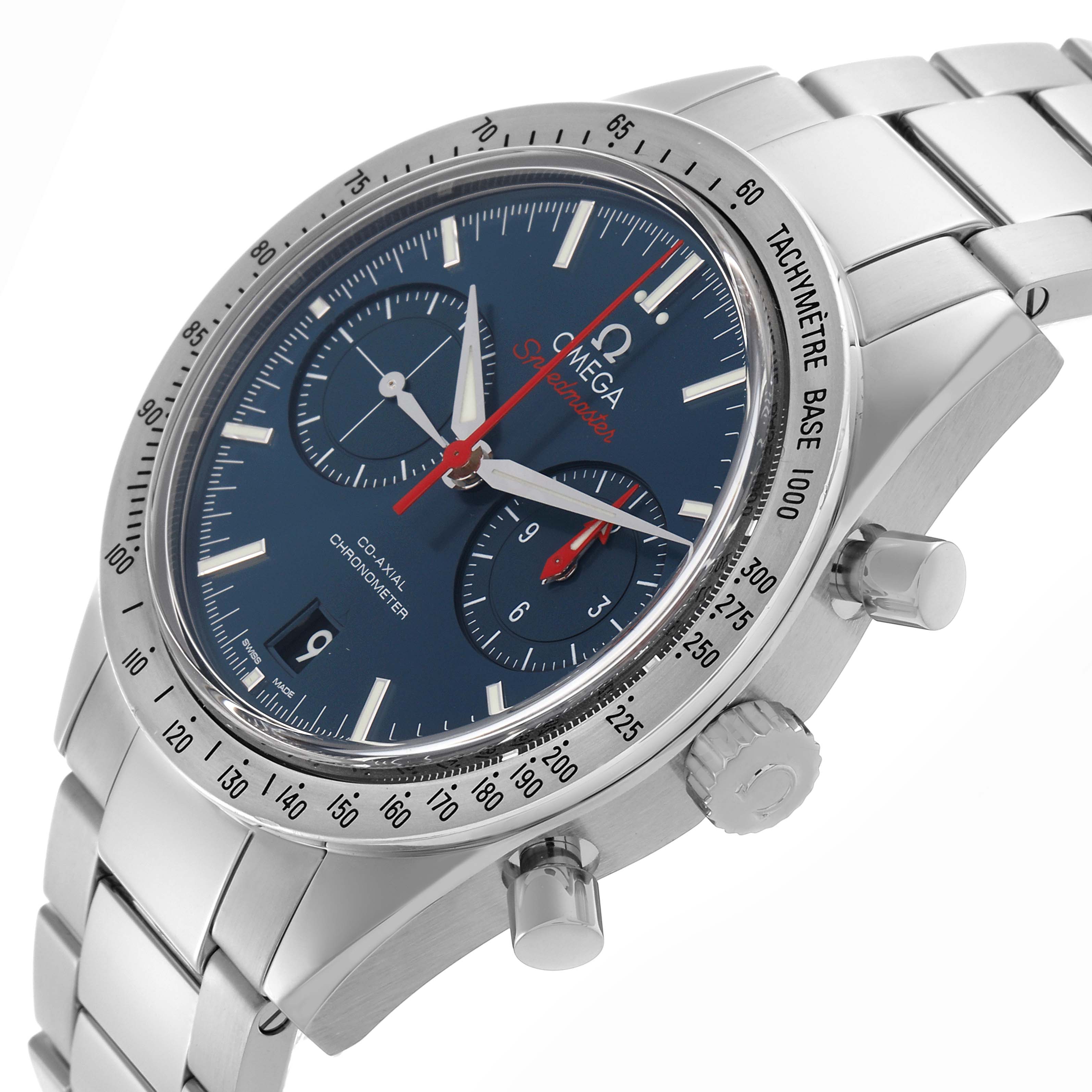 The Omega Speedmaster 331.10.42.51.03.001 Men's Stainless Steel Blue Dial 331.10.42.51.03.001 Men's Stainless Steel Blue Dial watch is shown at an angled side view, displaying the face, bezel, chronograph buttons, and bracelet.