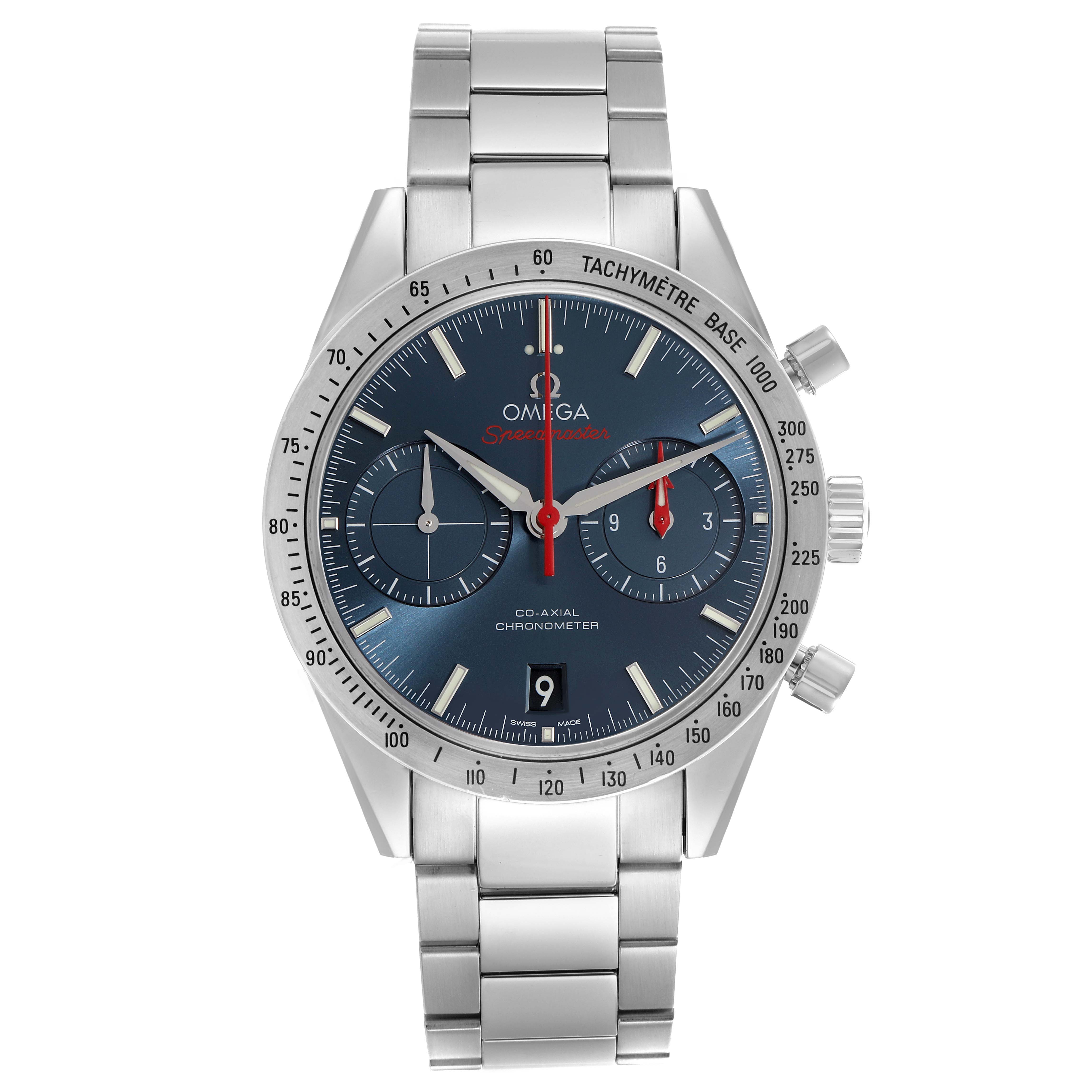 The Omega Speedmaster 331.10.42.51.03.001 Men's Stainless Steel Blue Dial 331.10.42.51.03.001 Men's Stainless Steel Blue Dial watch is shown from the front, displaying its face, chronograph dials, tachymetric bezel, and bracelet.