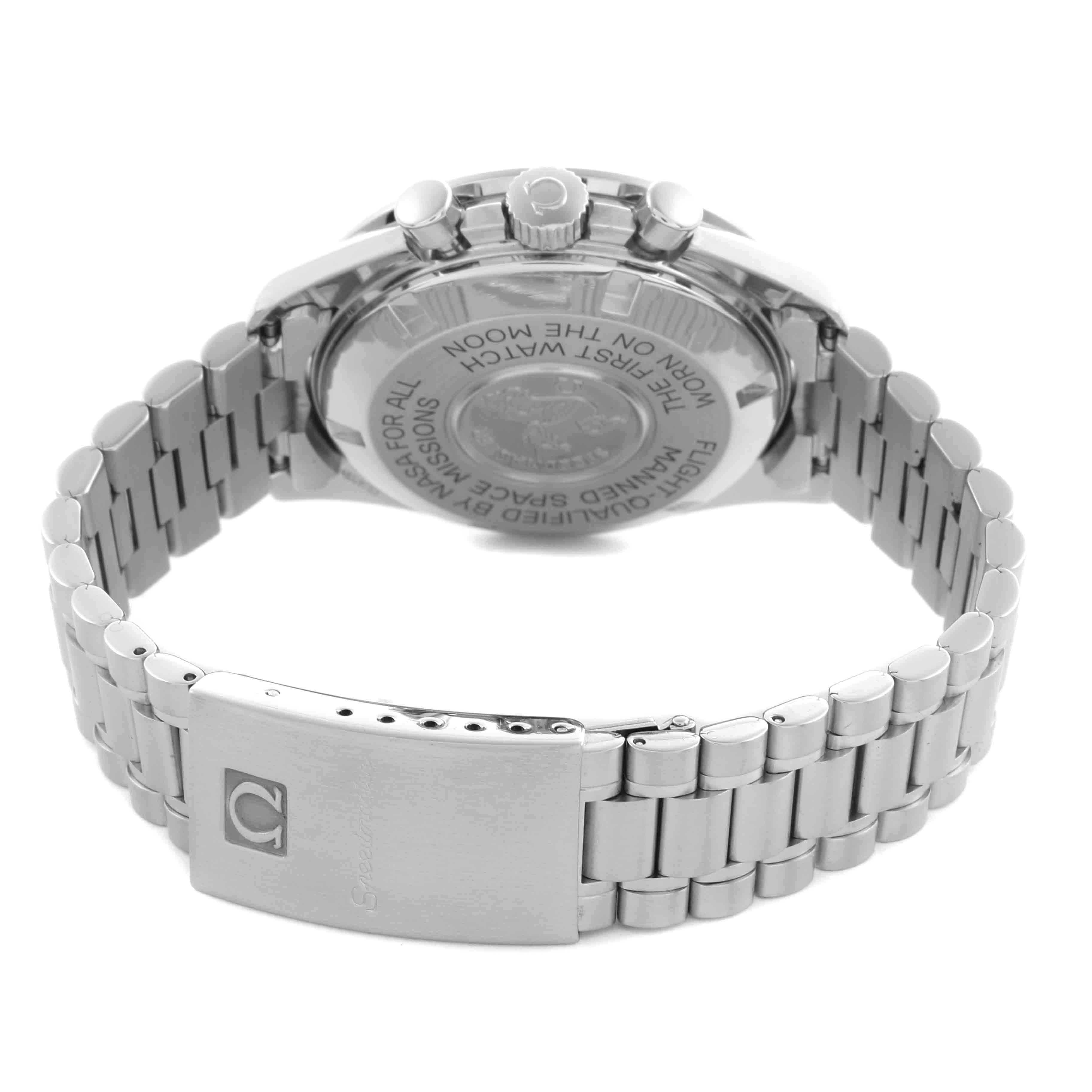 The image shows the back case, crown, and metal bracelet of an Omega Speedmaster 3590.50.00 Men's Stainless Steel Black Dial 3590.50.00 Men's Stainless Steel Black Dial watch from a rear angle.