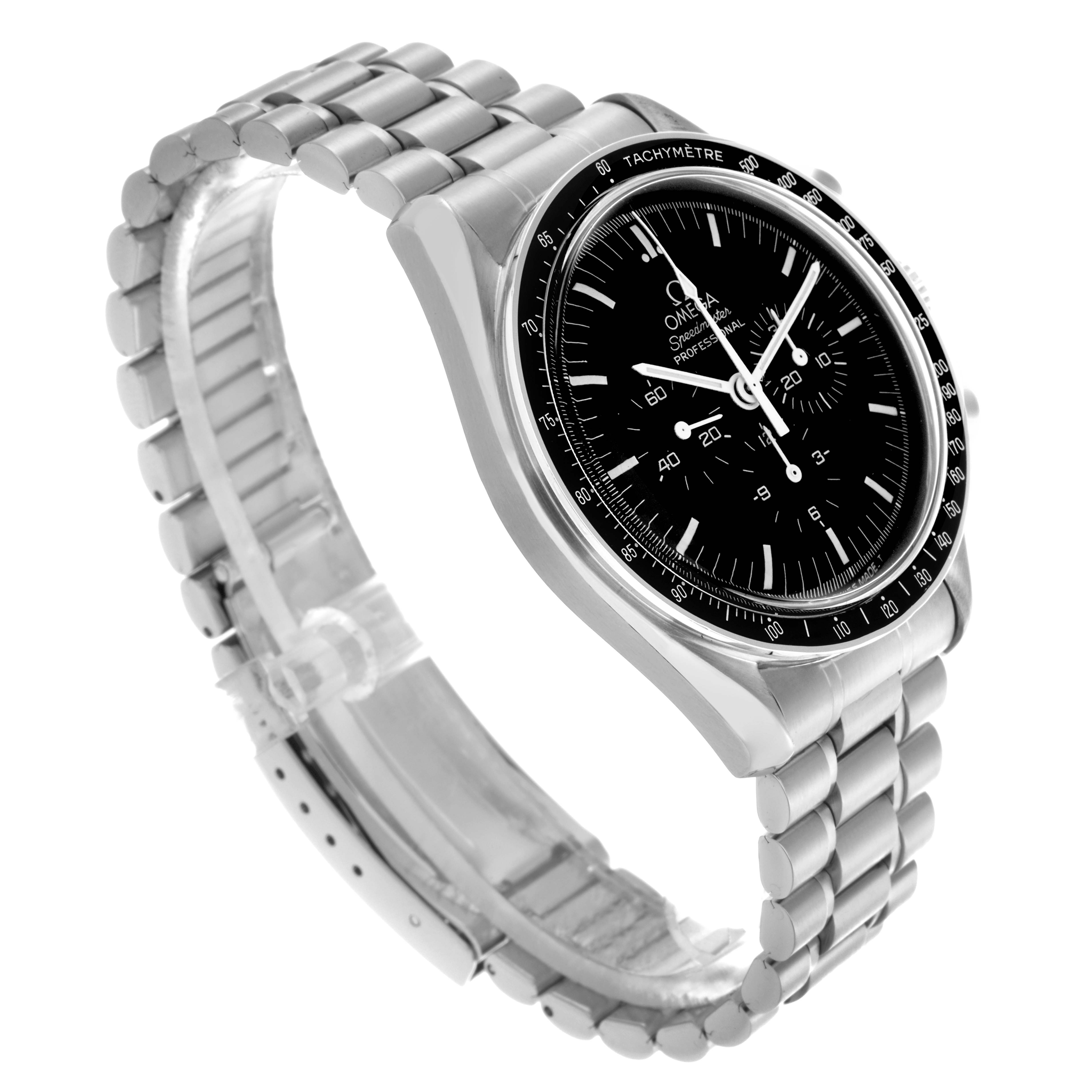 The Omega Speedmaster 3590.50.00 Men's Stainless Steel Black Dial 3590.50.00 Men's Stainless Steel Black Dial watch is shown at an angled view, displaying its face, bracelet, and tachymeter bezel.