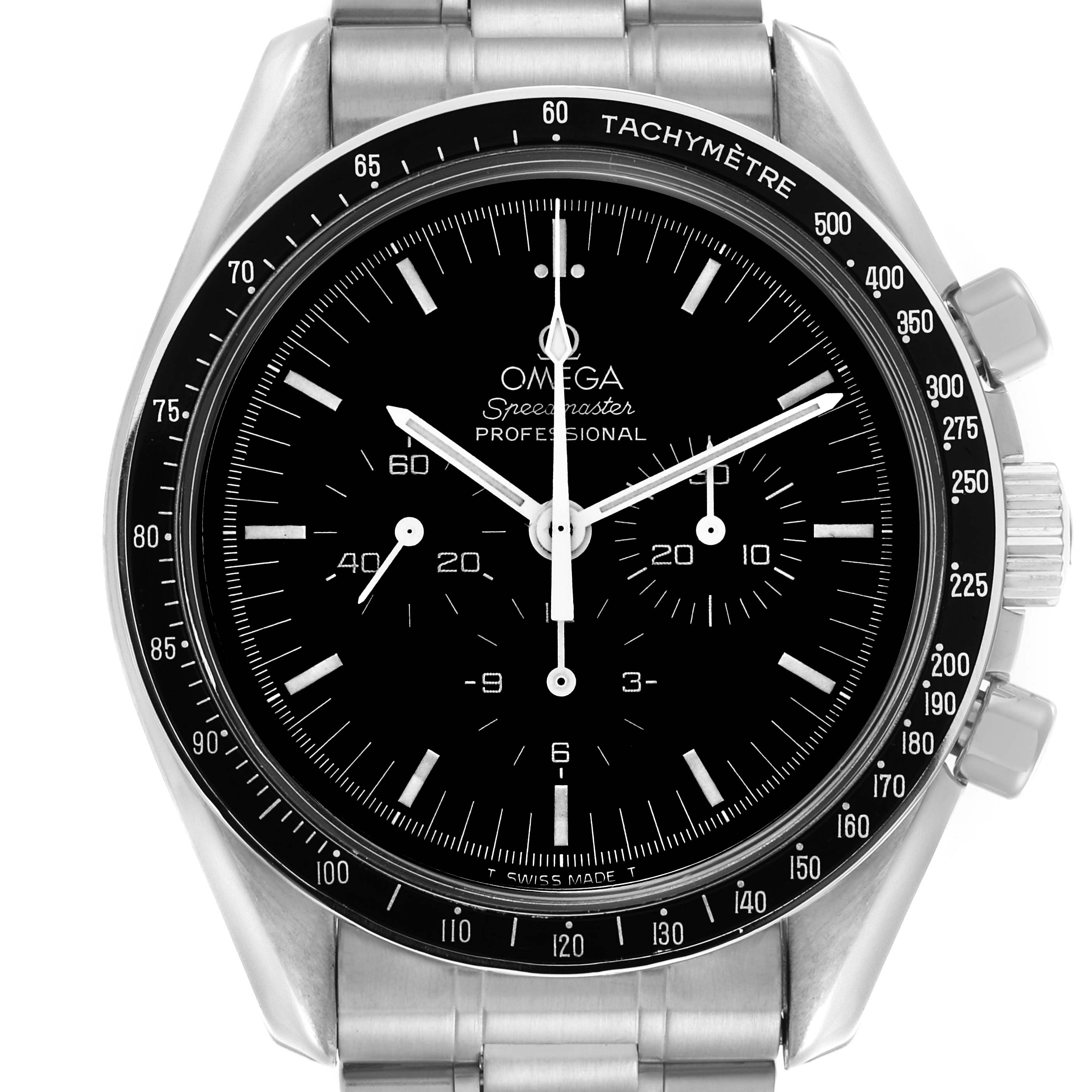 The Omega Speedmaster 3590.50.00 Men's Stainless Steel Black Dial 3590.50.00 Men's Stainless Steel Black Dial watch is shown from a front angle, displaying its dial, tachymeter bezel, and bracelet.