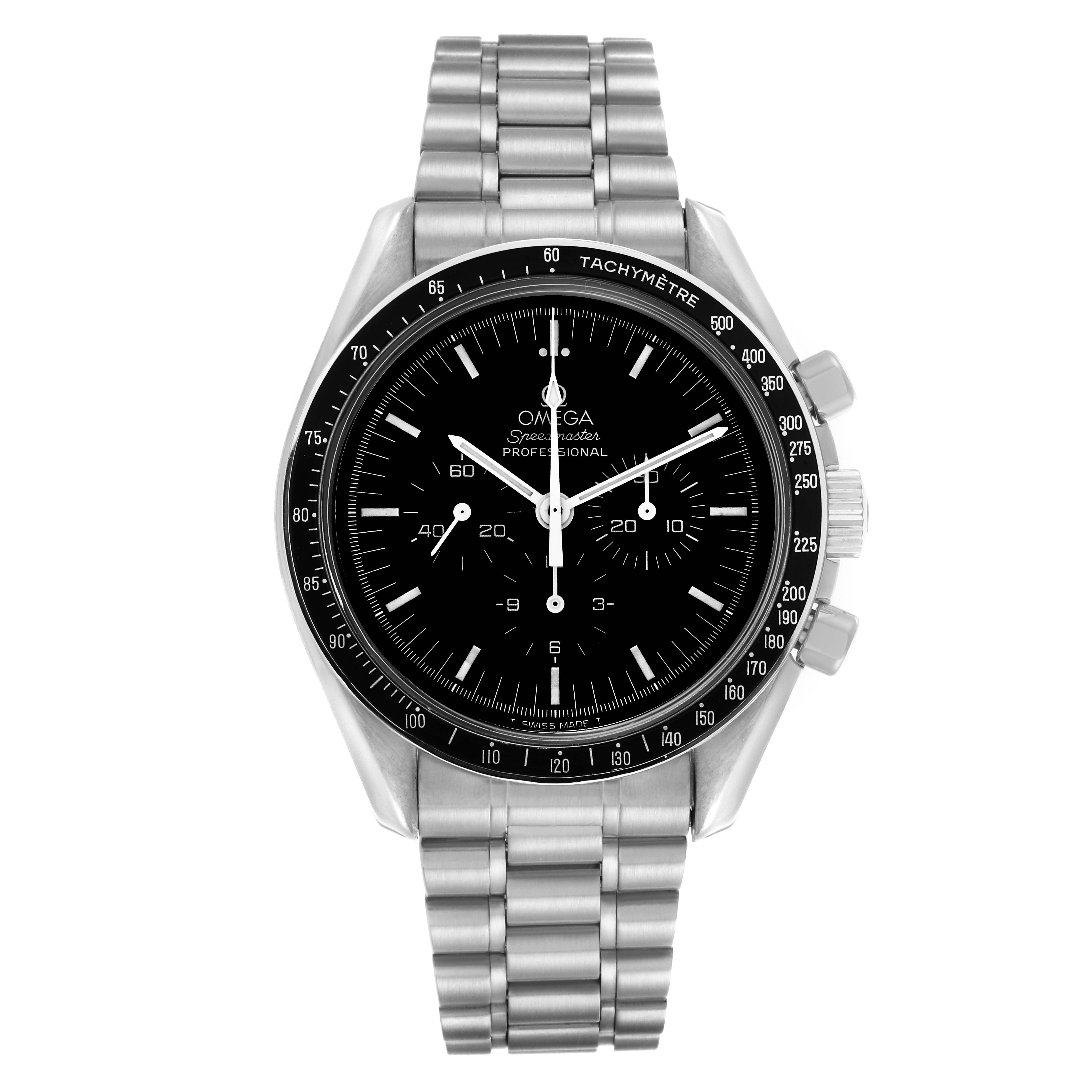 The Omega Speedmaster 3590.50.00 Men's Stainless Steel Black Dial 3590.50.00 Men's Stainless Steel Black Dial watch is shown from the front, displaying the face, bezel, and stainless steel bracelet.