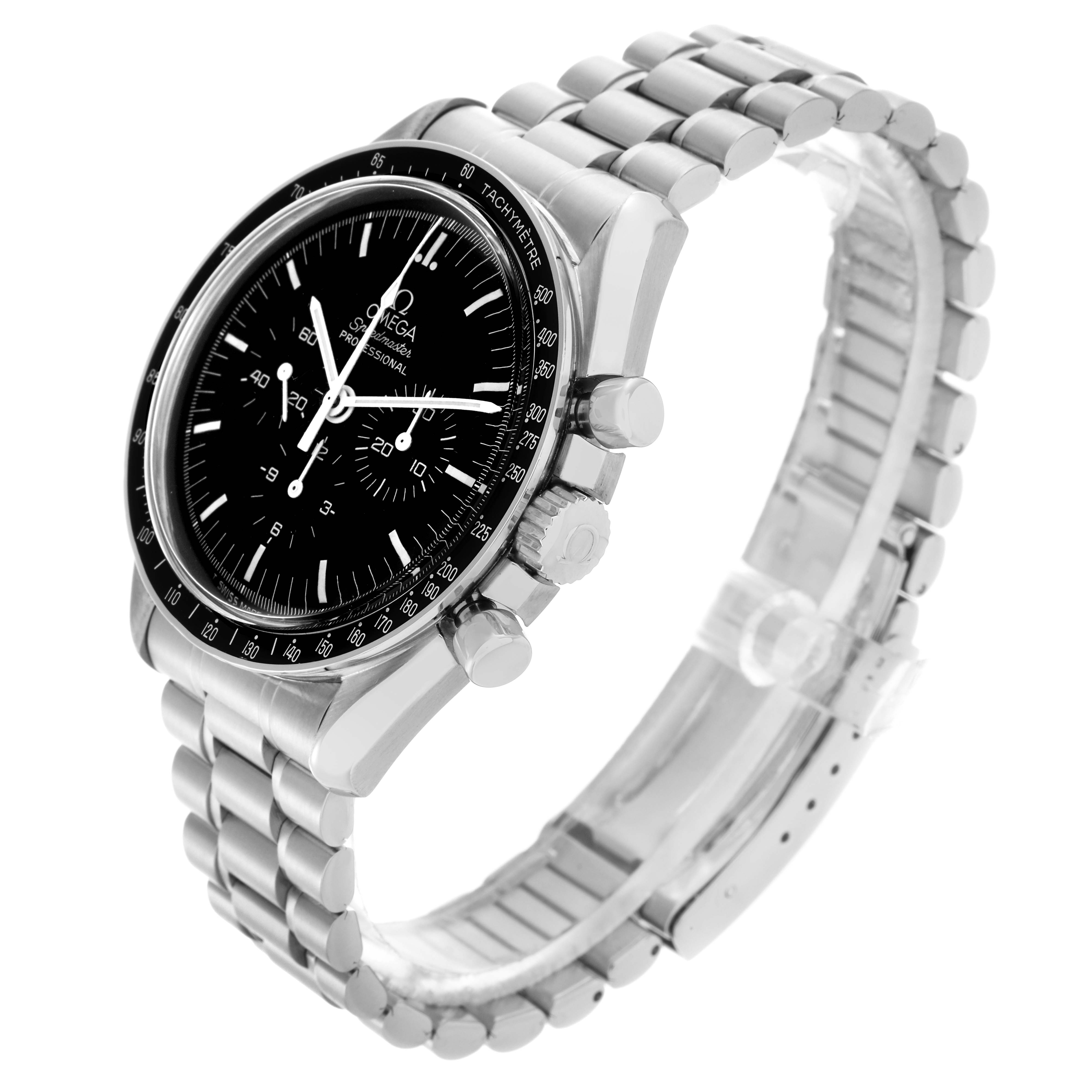 The Omega Speedmaster 3590.50.00 Men's Stainless Steel Black Dial 3590.50.00 Men's Stainless Steel Black Dial watch is shown in a side angle, highlighting the dial, bezel, crown, pushers, and bracelet.