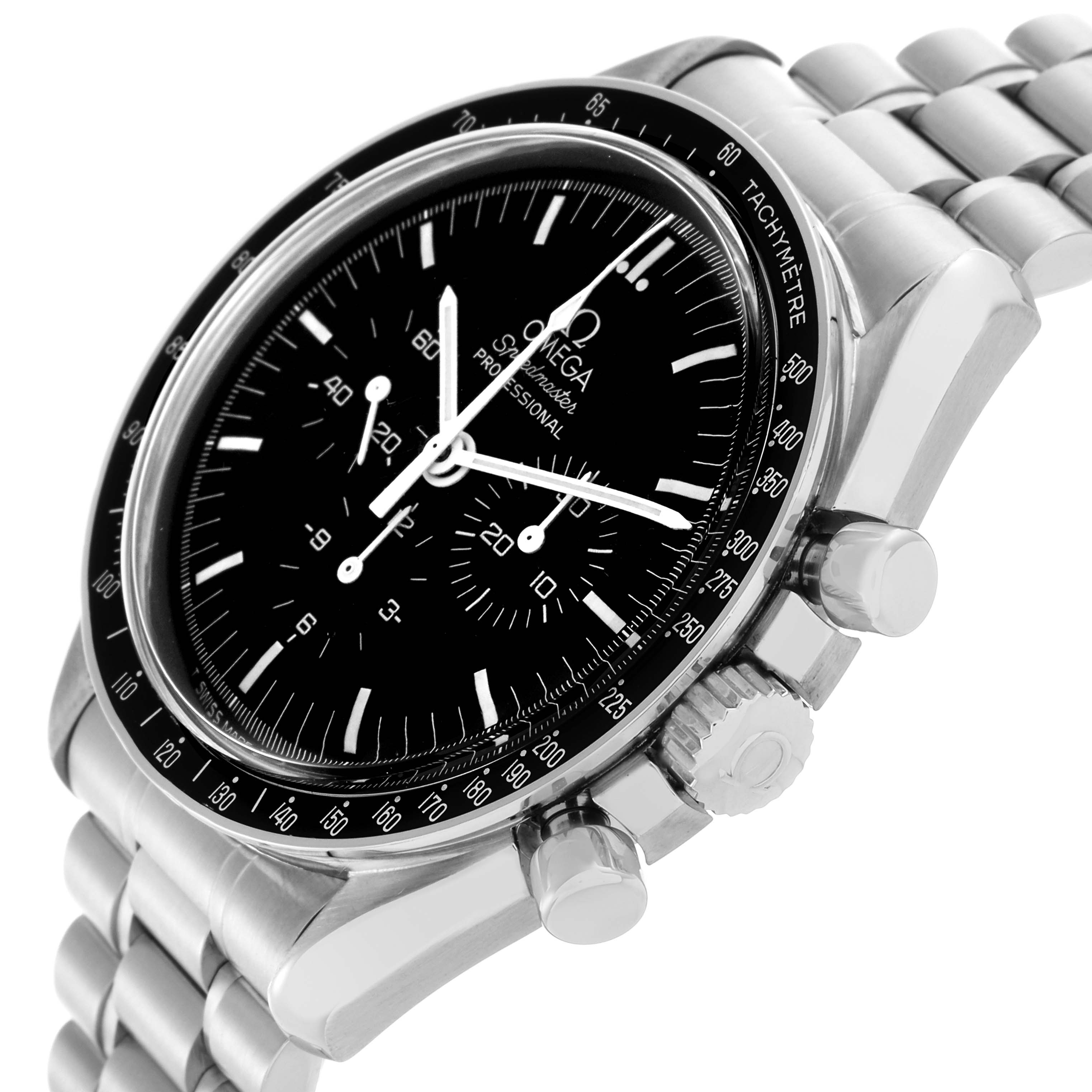 The Omega Speedmaster 3590.50.00 Men's Stainless Steel Black Dial 3590.50.00 Men's Stainless Steel Black Dial watch is shown at a three-quarter angle, displaying the dial, bezel, pushers, and bracelet.