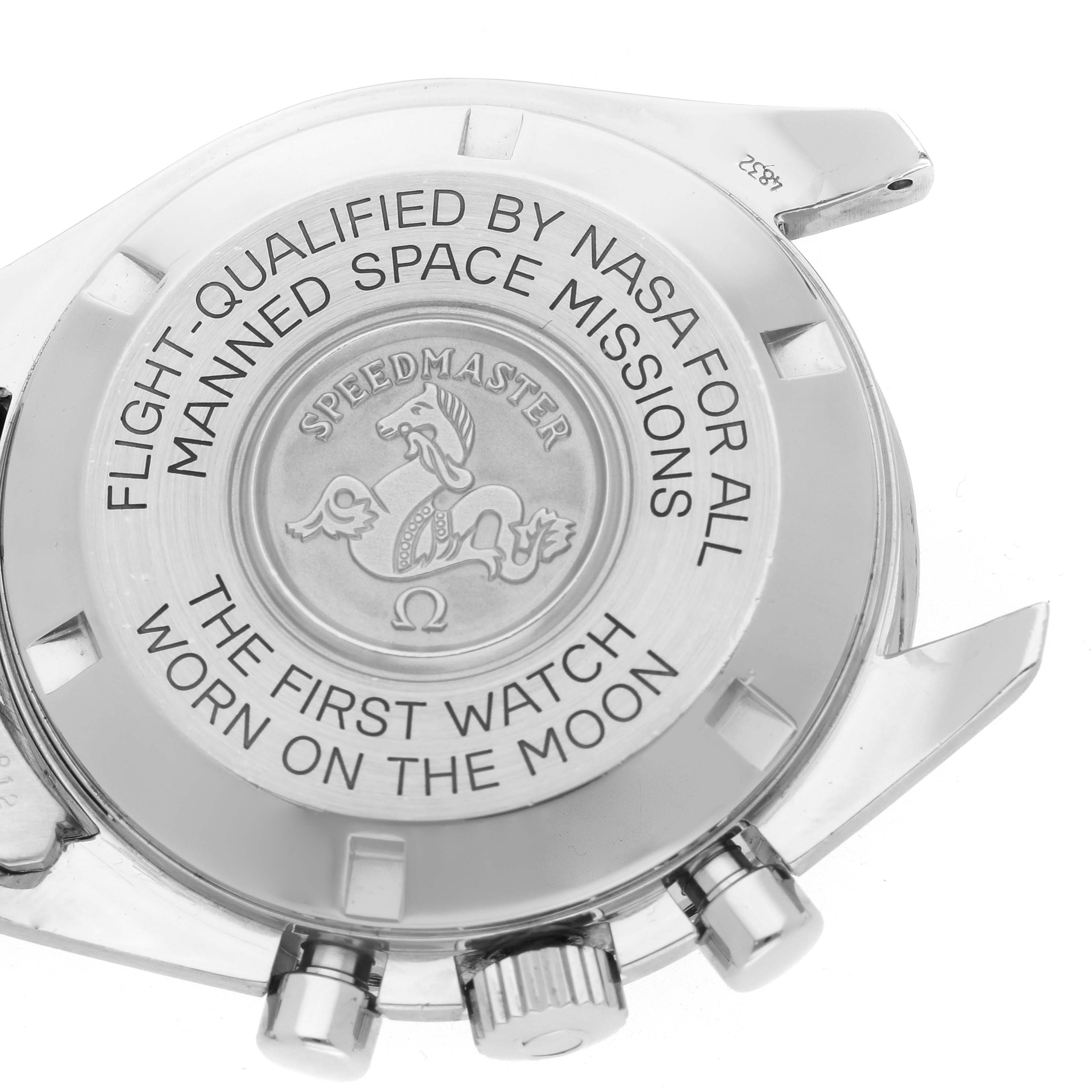 The image shows the back case of an Omega Speedmaster 3590.50.00 Men's Stainless Steel Black Dial 3590.50.00 Men's Stainless Steel Black Dial watch with engraved text and side view of the crown and pushers.