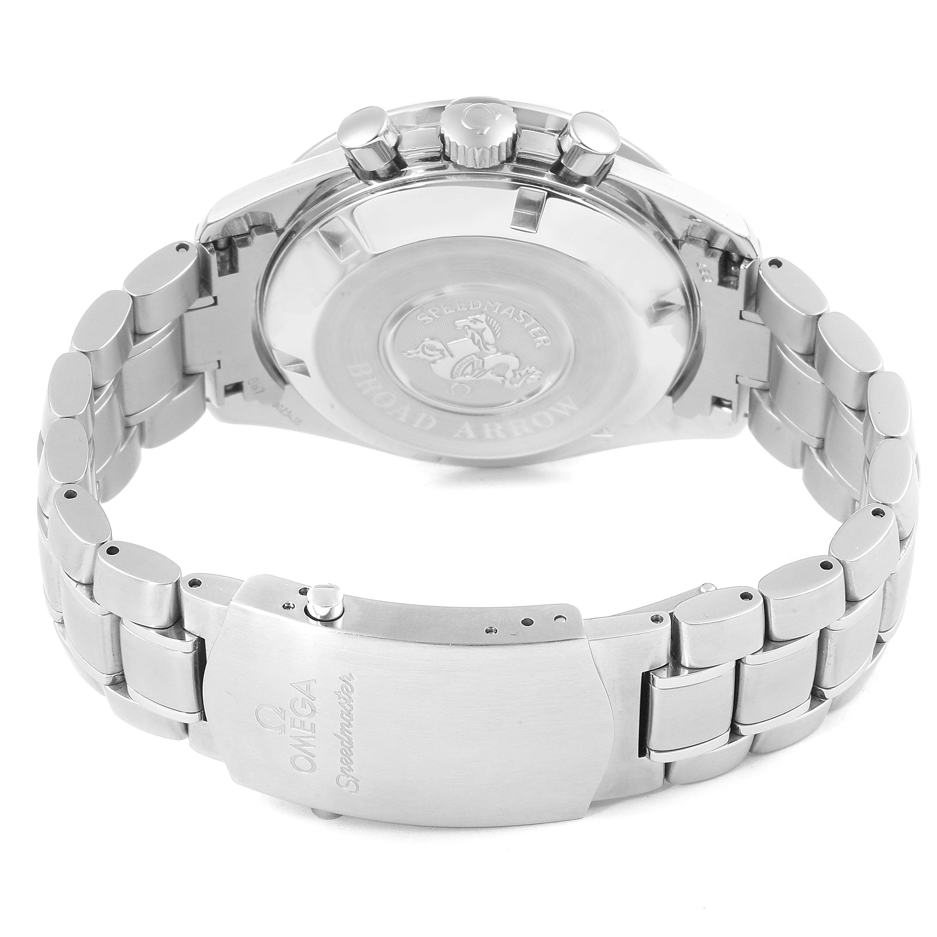 The image shows the back, clasp, and part of the bracelet of the Omega Speedmaster 3551.20.00 Men
s Stainless Steel White Dial 3551.20.00 Men
s Stainless Steel White Dial watch.