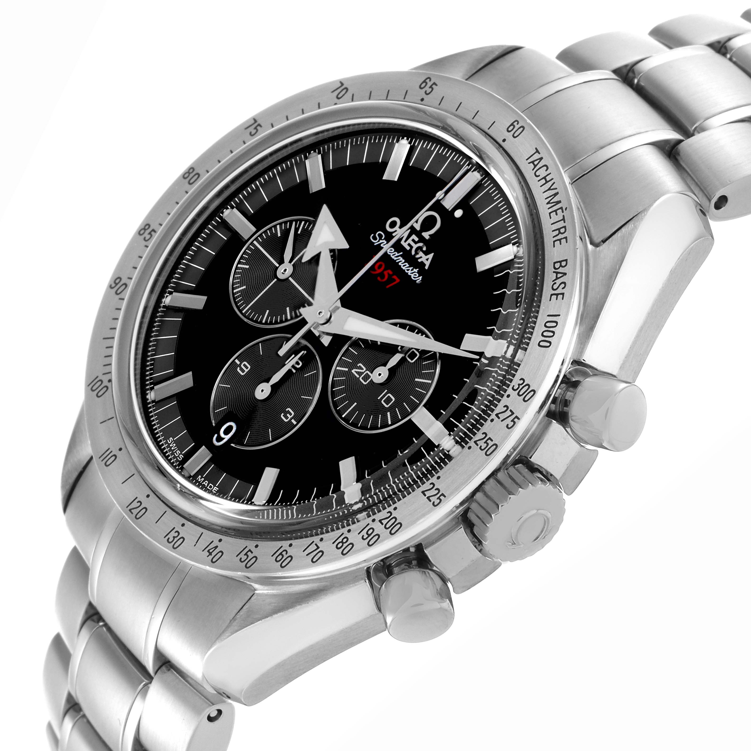 The Omega Speedmaster 321.10.42.50.01.001 Men
s Stainless Steel Black Dial 321.10.42.50.01.001 Men
s Stainless Steel Black Dial watch is shown at a slight angle, displaying the dial, tachymeter bezel, and stainless steel bracelet.