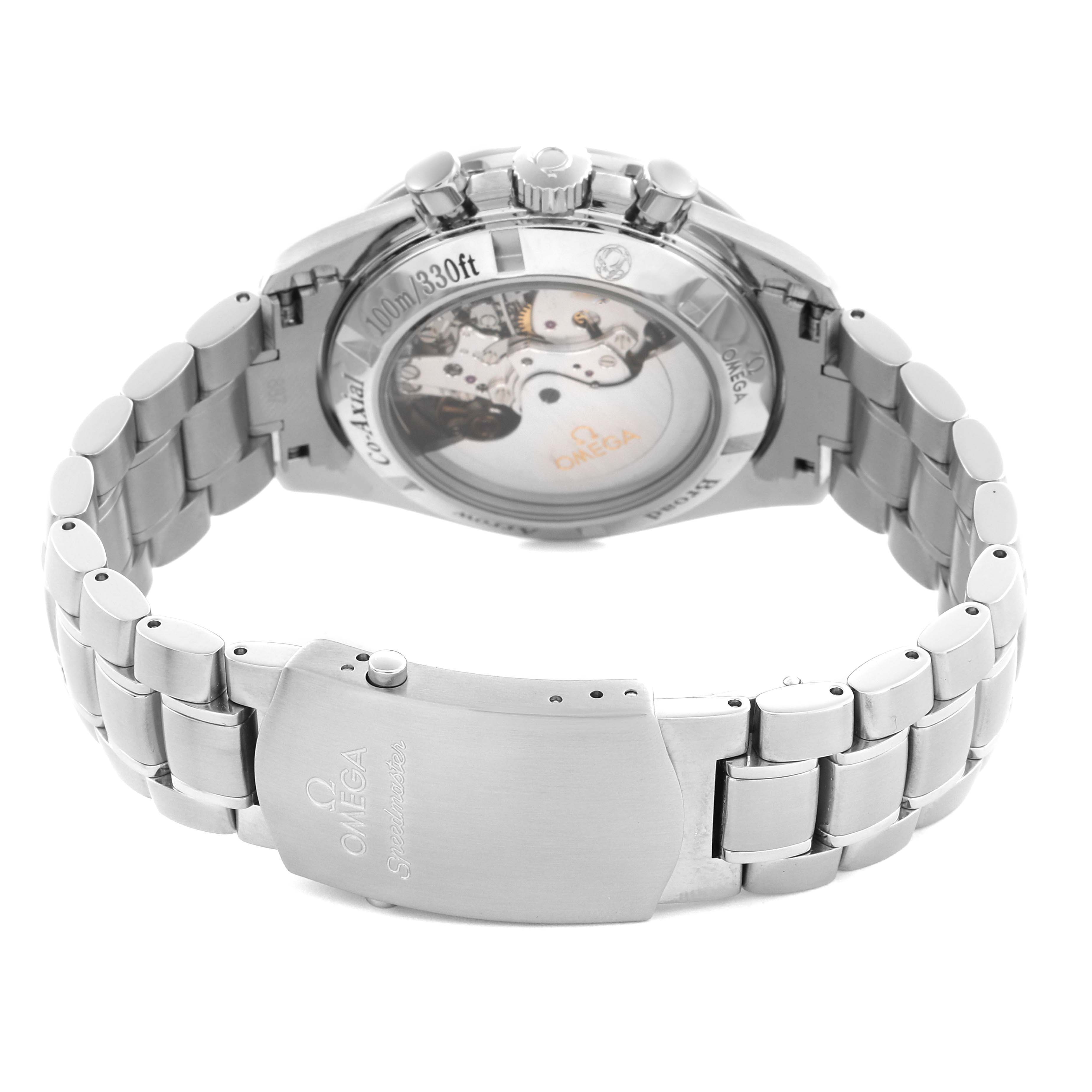 The image shows the back view of an Omega Speedmaster 321.10.42.50.01.001 Men
s Stainless Steel Black Dial 321.10.42.50.01.001 Men
s Stainless Steel Black Dial watch, highlighting the transparent case back and metal bracelet.