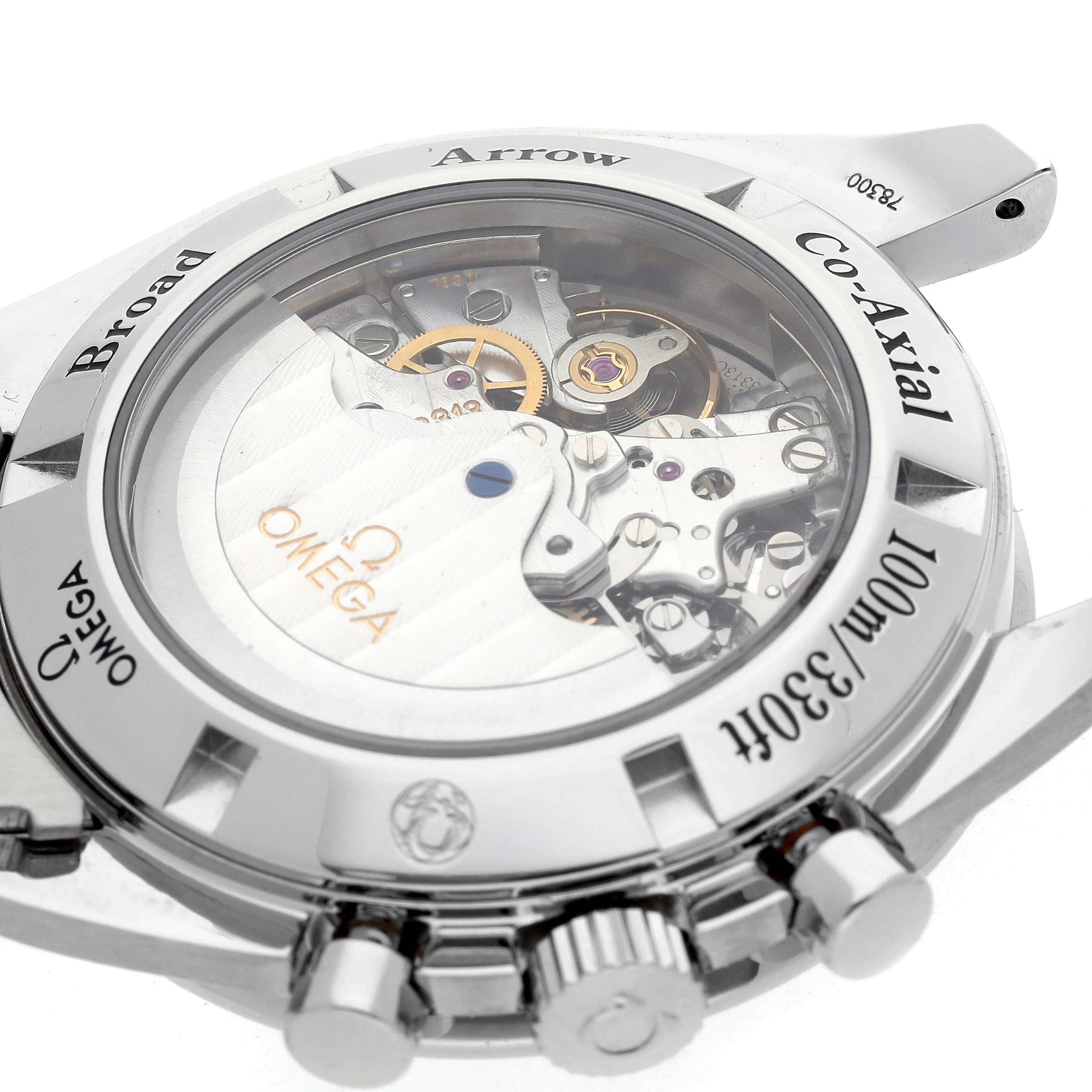 The Omega Speedmaster 321.10.42.50.01.001 Men
s Stainless Steel Black Dial 321.10.42.50.01.001 Men
s Stainless Steel Black Dial watch is shown from the back, highlighting its Co-Axial movement and transparent case back.