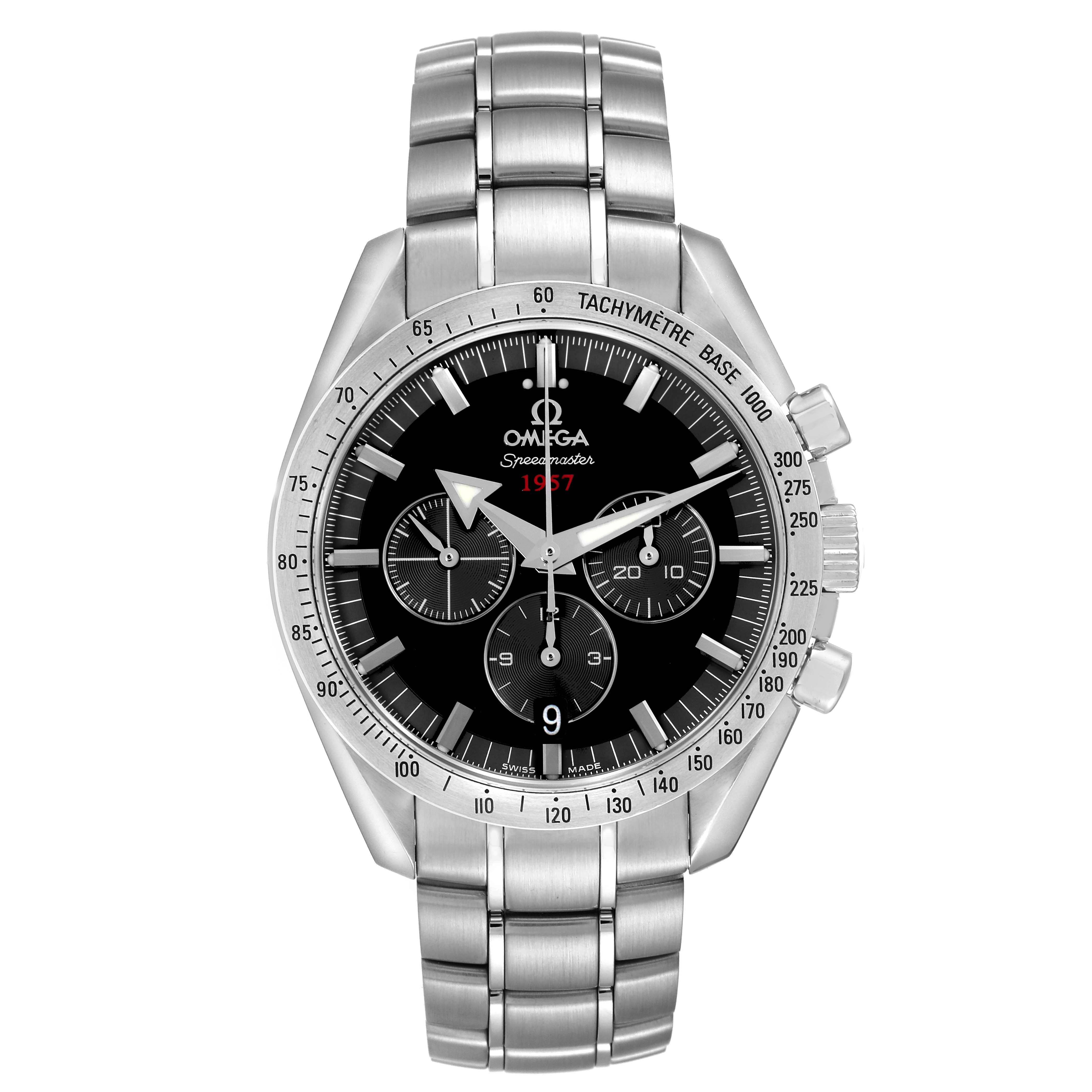 The Omega Speedmaster 321.10.42.50.01.001 Men
s Stainless Steel Black Dial 321.10.42.50.01.001 Men
s Stainless Steel Black Dial watch is shown from the front, displaying the dial, tachymeter bezel, and stainless steel bracelet.