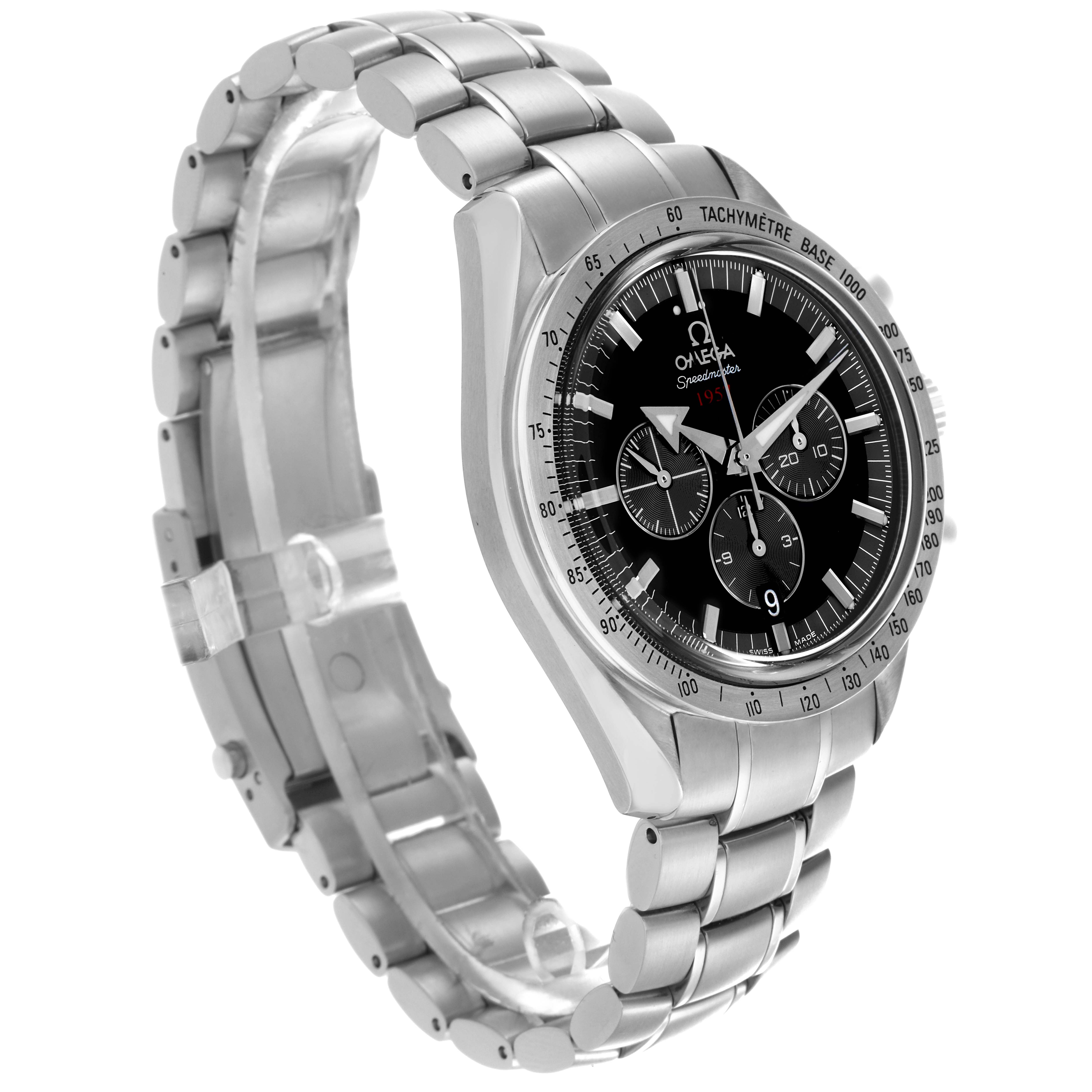 The Omega Speedmaster 321.10.42.50.01.001 Men
s Stainless Steel Black Dial 321.10.42.50.01.001 Men
s Stainless Steel Black Dial is shown at an angled side view, highlighting its dial, bezel, and metal bracelet.