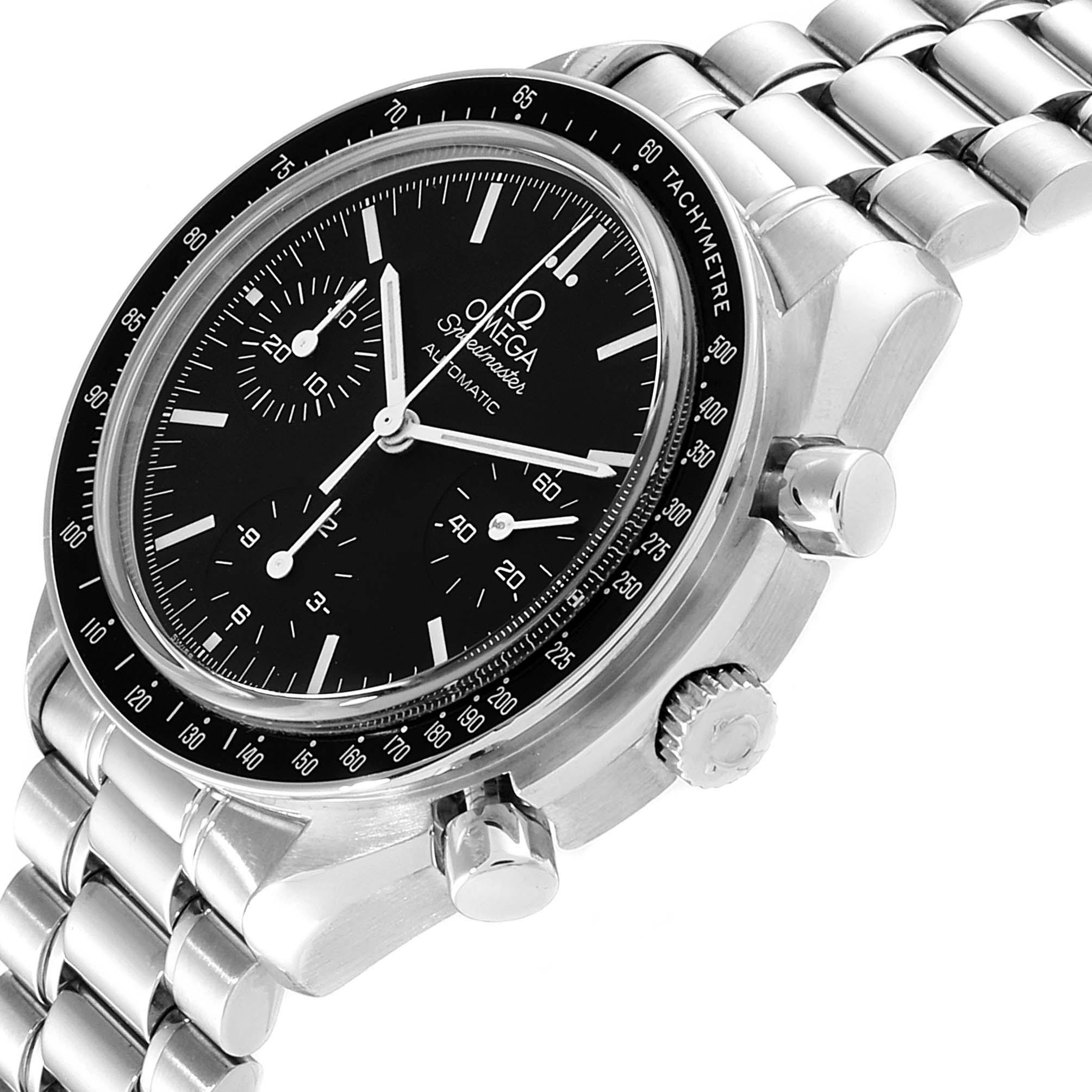 This Omega Speedmaster 3539.50.00 Men
s Stainless Steel Black Dial 3539.50.00 Men
s Stainless Steel Black Dial watch is shown from a three-quarter angle, highlighting the dial, bezel, chronograph pushers, and bracelet.