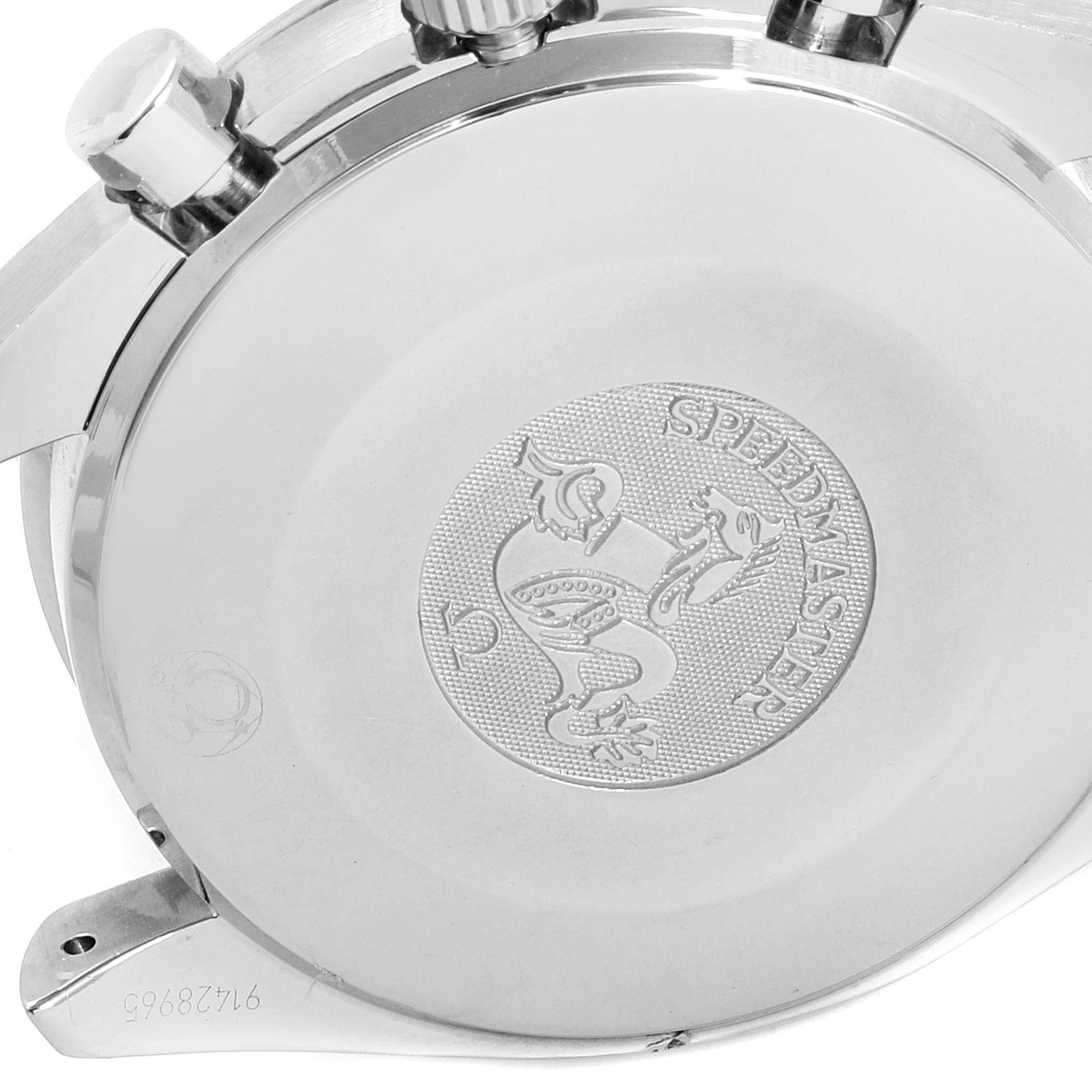 The image shows the back case and part of the side of an Omega Speedmaster 3539.50.00 Men
s Stainless Steel Black Dial 3539.50.00 Men
s Stainless Steel Black Dial watch, featuring its engravings and pushers.