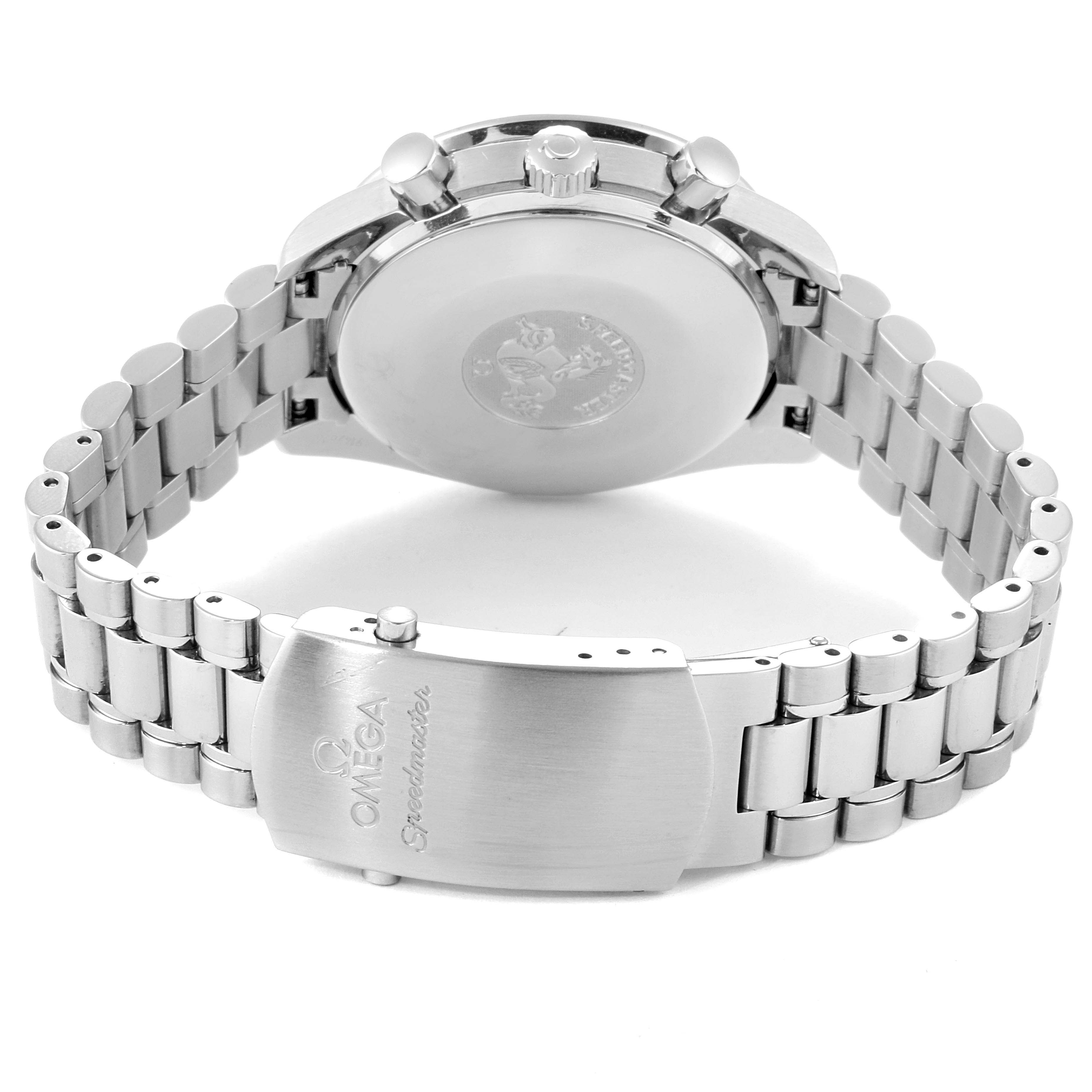 The image shows the back view of the Omega Speedmaster 3539.50.00 Men
s Stainless Steel Black Dial 3539.50.00 Men
s Stainless Steel Black Dial watch, focusing on the case back and metal bracelet with the clasp open.