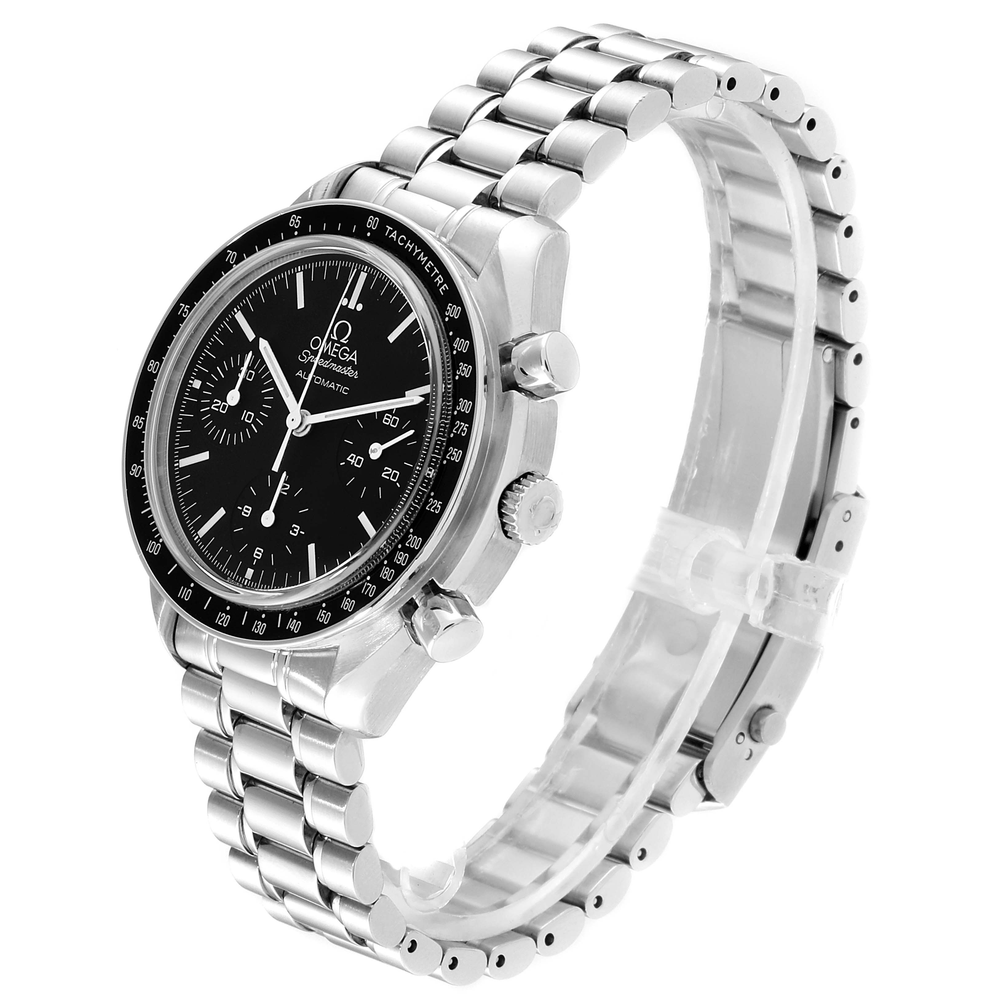 The image shows an Omega Speedmaster 3539.50.00 Men
s Stainless Steel Black Dial 3539.50.00 Men
s Stainless Steel Black Dial watch at a three-quarter angle, highlighting its stainless steel bracelet, black dial, and tachymetre bezel.