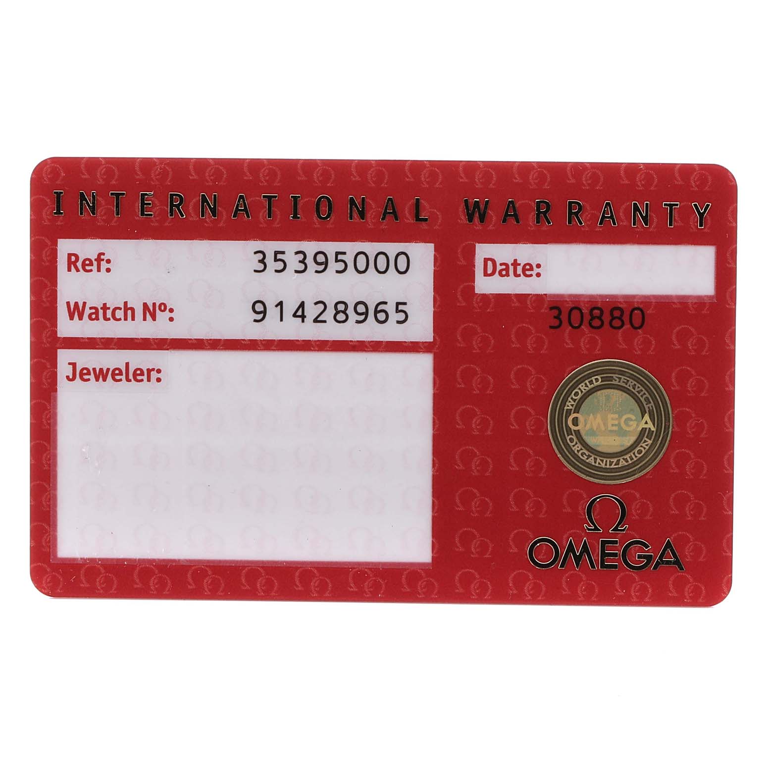 This image shows the international warranty card for an Omega Speedmaster 3539.50.00 Men
s Stainless Steel Black Dial 3539.50.00 Men
s Stainless Steel Black Dial watch.