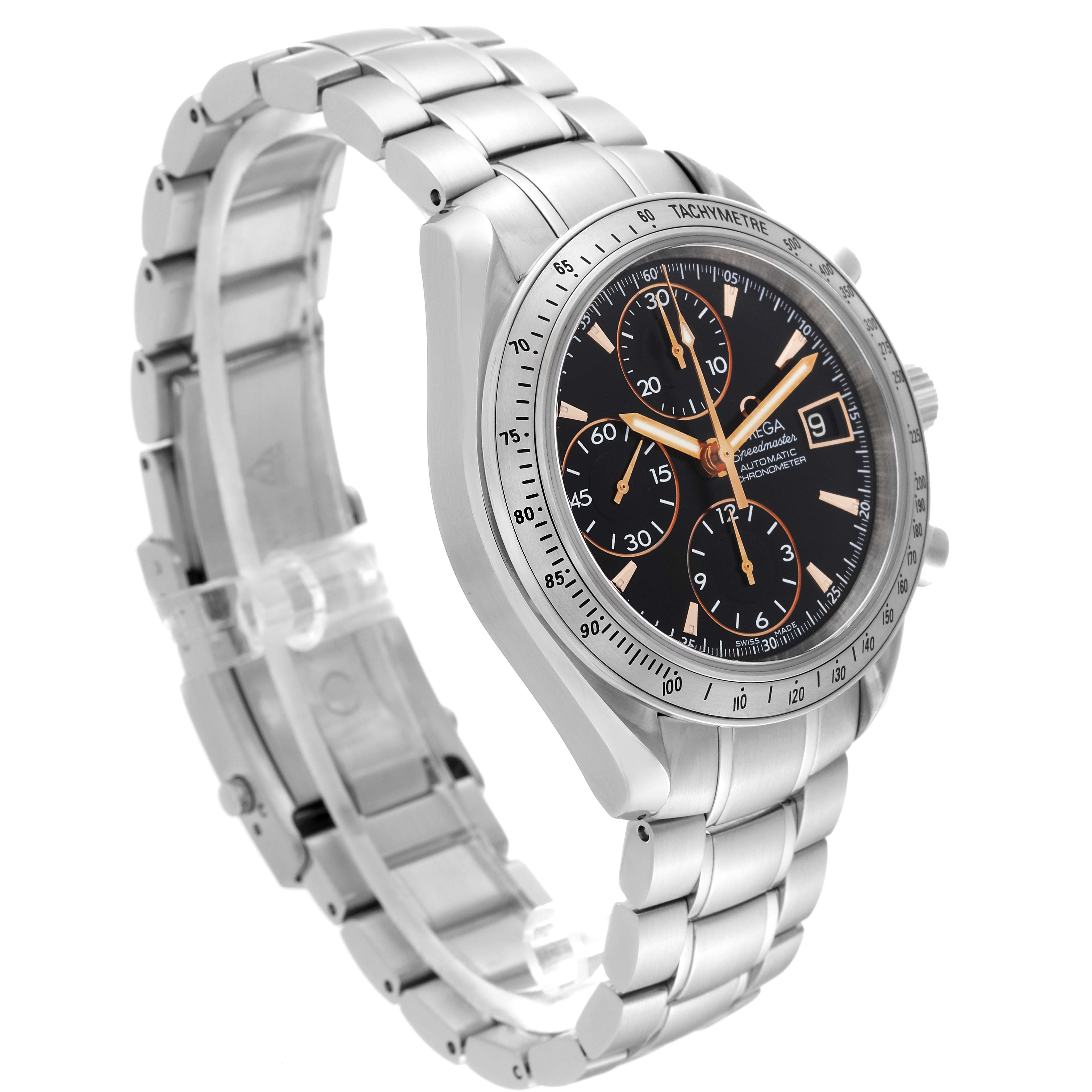 The image shows a side-angle view of the Omega Speedmaster 3511.50.00 Men
s Stainless Steel Black Dial 3511.50.00 Men
s Stainless Steel Black Dial watch, highlighting its stainless steel bracelet and black dial with chronograph features.