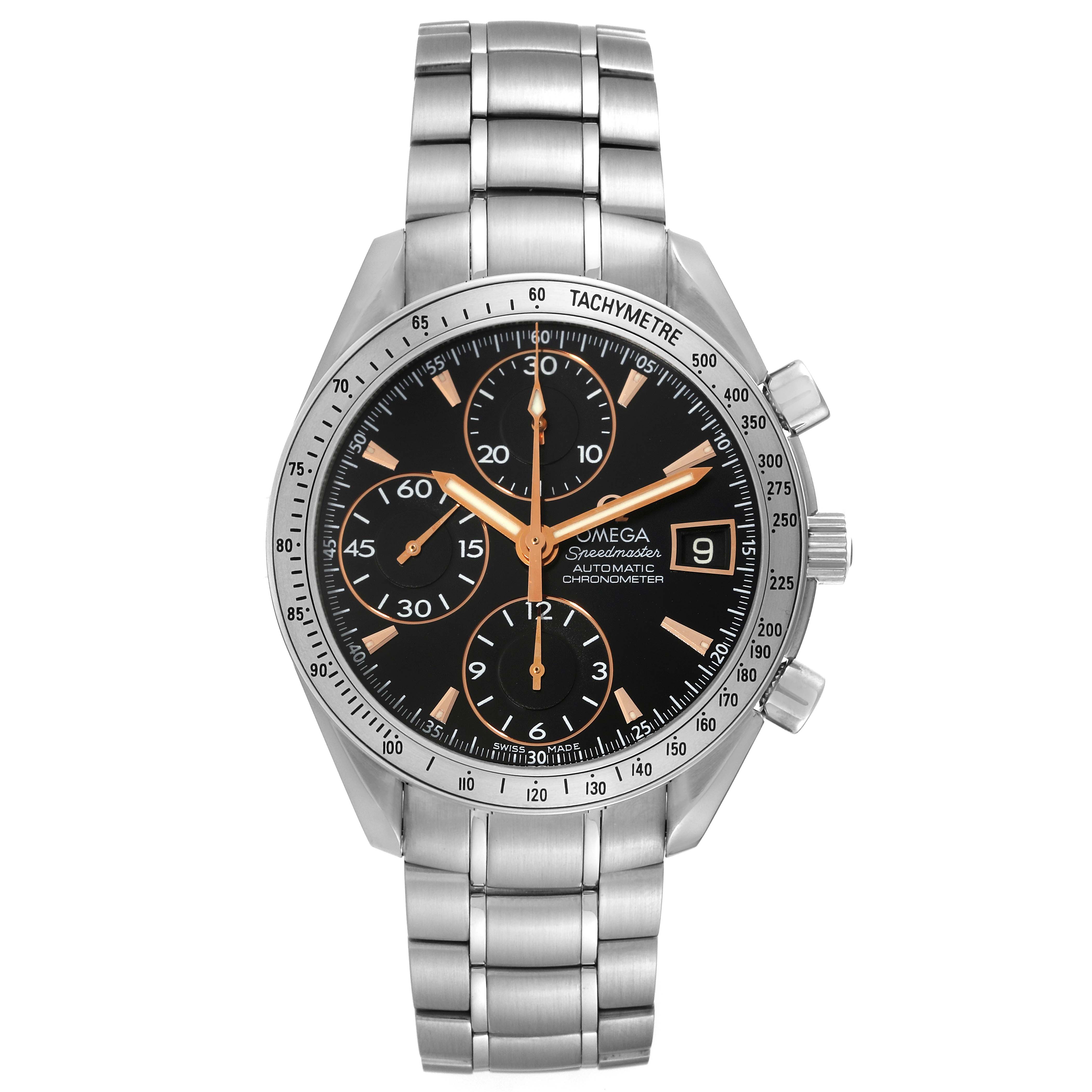 The image shows a front view of an Omega Speedmaster 3511.50.00 Men
s Stainless Steel Black Dial 3511.50.00 Men
s Stainless Steel Black Dial watch with a stainless steel bracelet and tachymeter bezel.